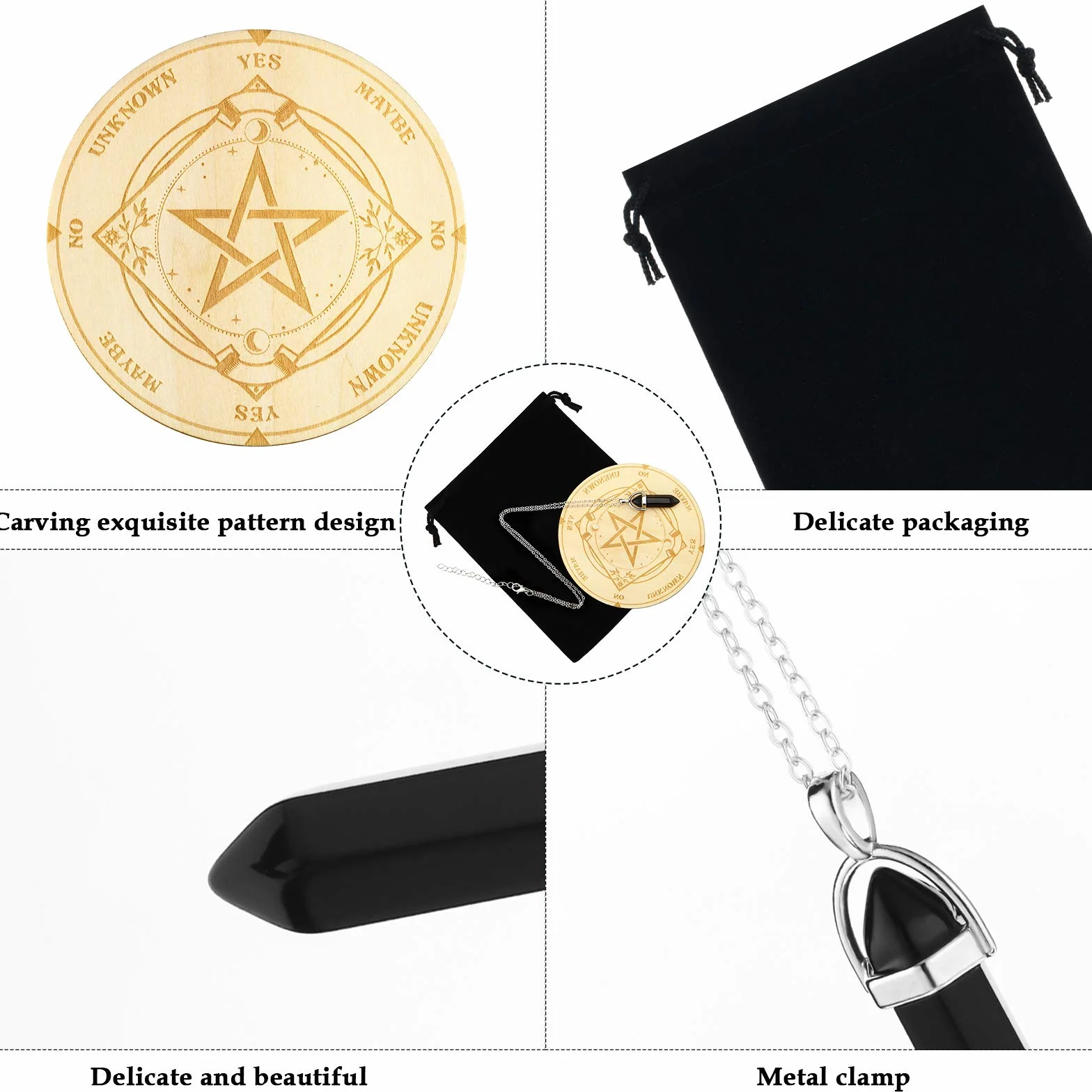 Jetec Tavola di Pendolo a Stella Bacheca Metafisica di Divinazione Rabdomanzia in Legno Intagliato con Collana Rabdomantzia Pendolo di Cristallo Kit Altare Wiccan