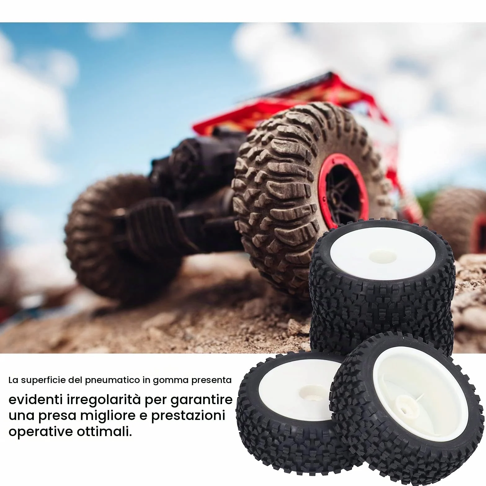 Set 4 Pezzi Pneumatici RC 1/10, Ruote in Gomma per Auto da Corsa e Buggy Telecomandati, Mozzi Ruota ad Alta Resistenza, Sostituzione Professionale per Modellismo, Grip Ottimale, Nero
