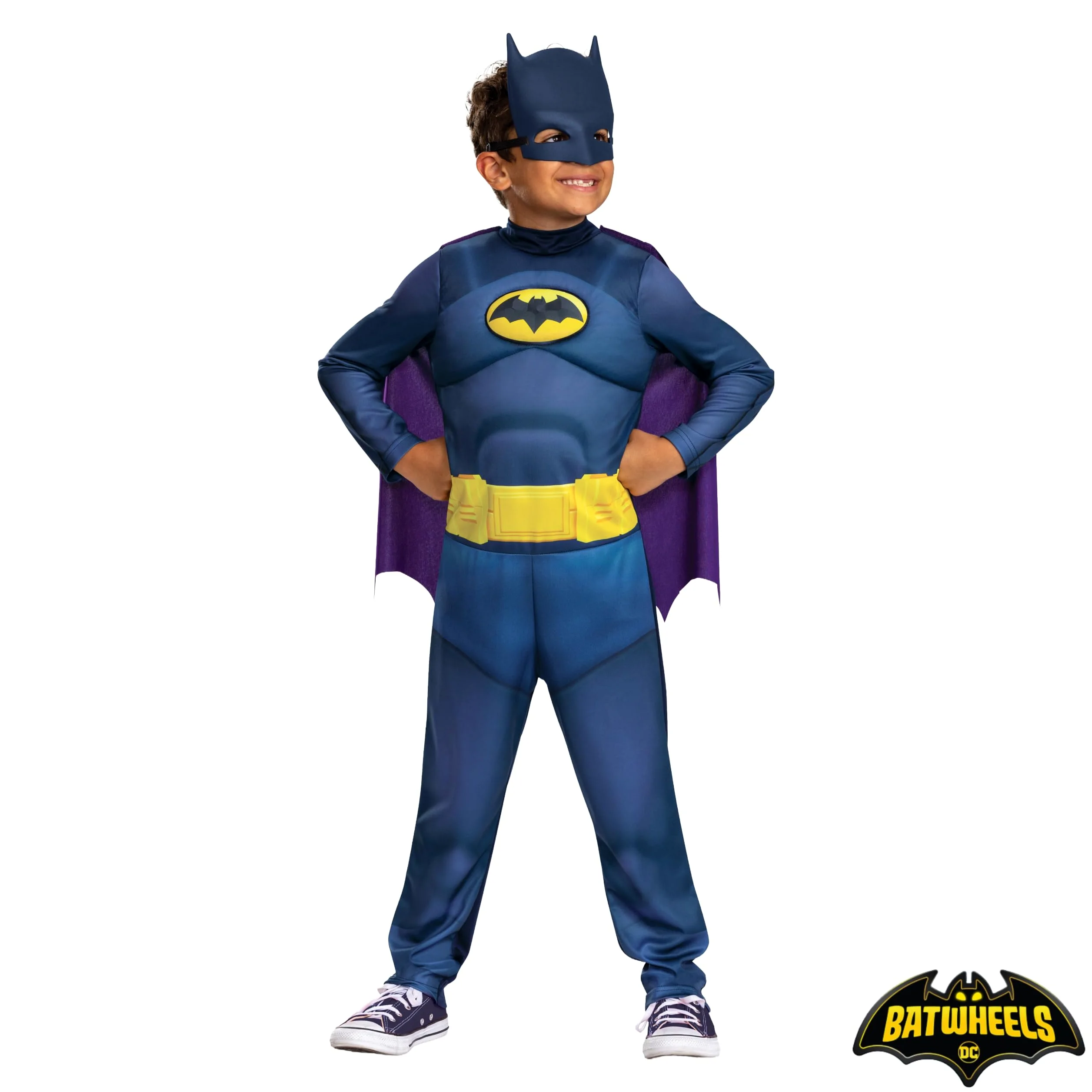 Batwheels Costume da Batman per bambini, ufficiale Batman di Disguise, con petto imbottito blu scuro con emblema pipistrello, include mantello viola e mezza maschera, per età 3-4 e 4-6 anni