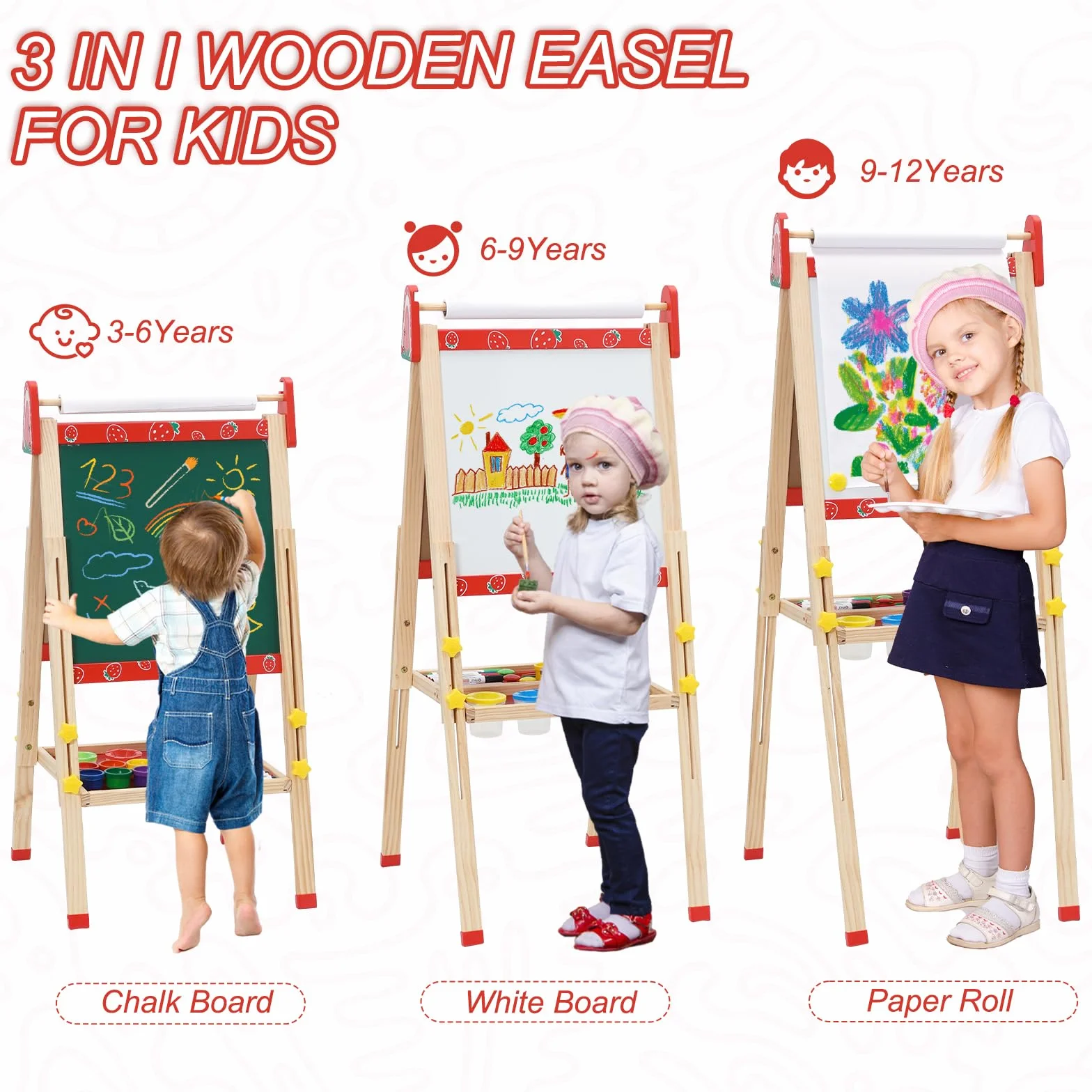 Lavagna per Bambini Cavalletto 3 in 1 Doppia Faccia con Rotolo di Carta Altezza Regolabile 95-125cm Pieghevole Multiattività Vassoio di Stoccaggio 100+ Accessori da Disegno