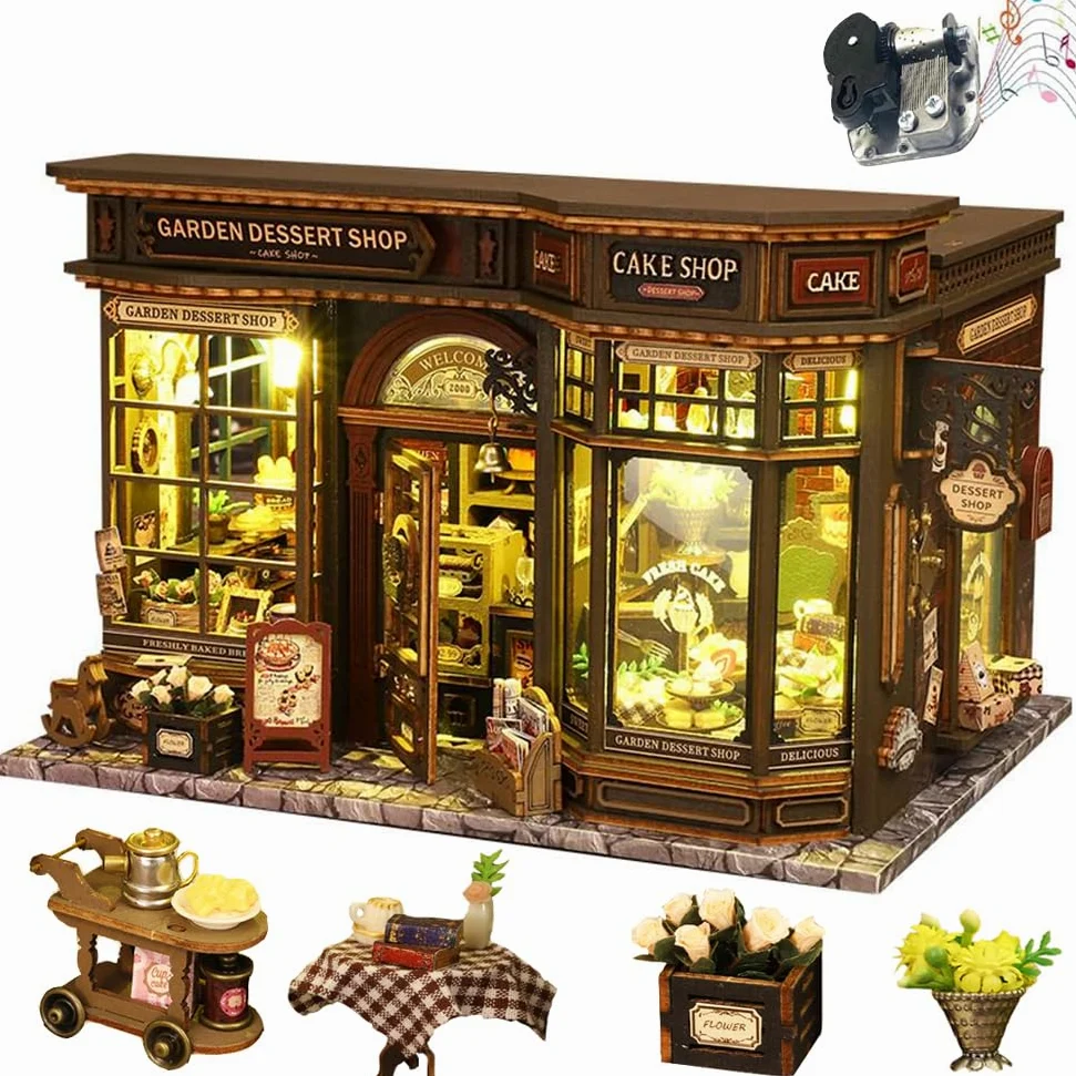 Kit puzzle 3D in legno, fai da te in miniatura casa delle bambole con luci a LED, decorazione da giardino per dessert, scaffale per libri, regalo creativo per adulti e ragazzi