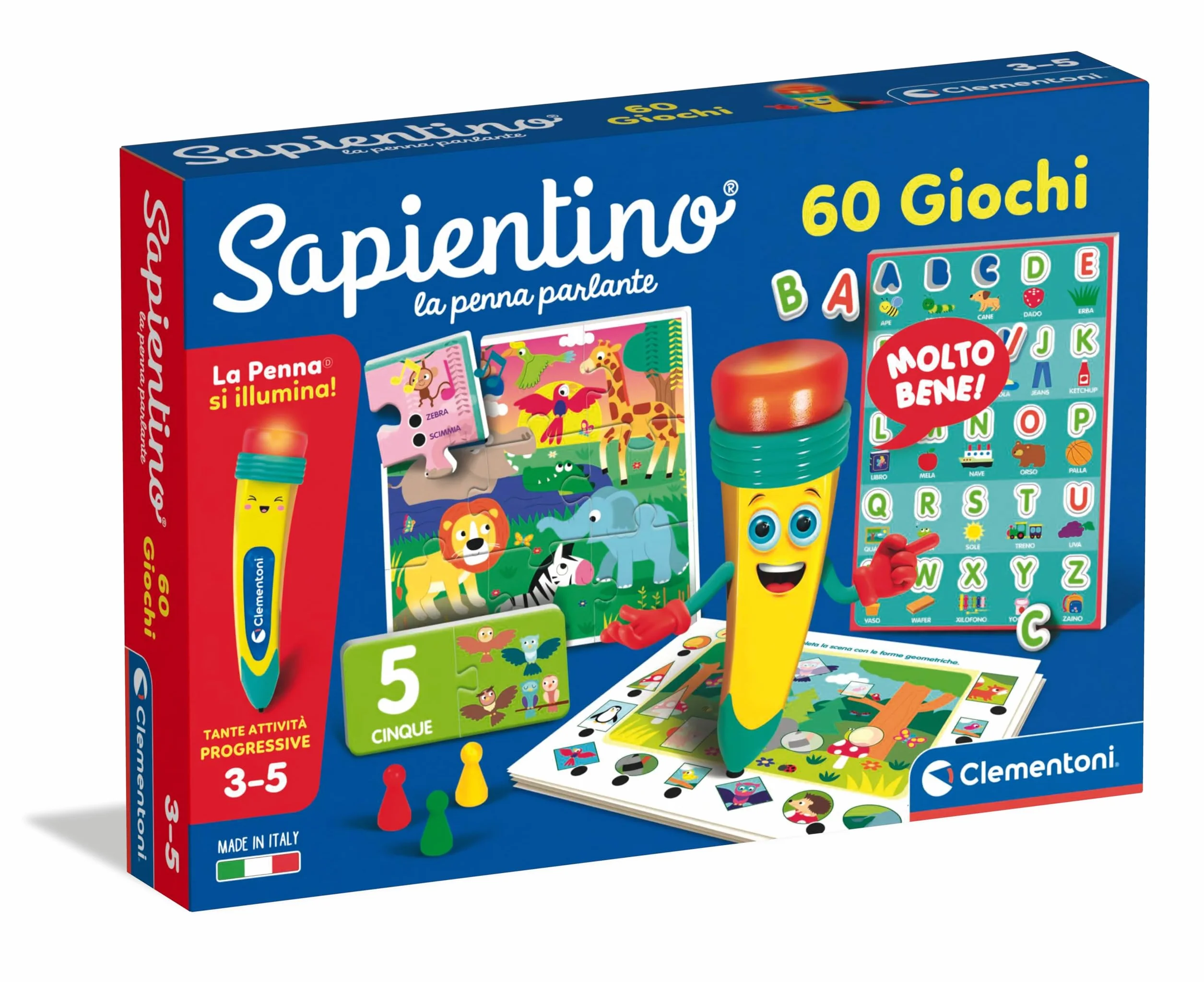 Clementoni Sapientino La Penna Parlante 60 Giochi Gioco Educativo Puzzle Schede Illustrate Imparare Alfabeto Numeri Logica Made in Italy Lingua Italiana Bambini 3-5 Anni