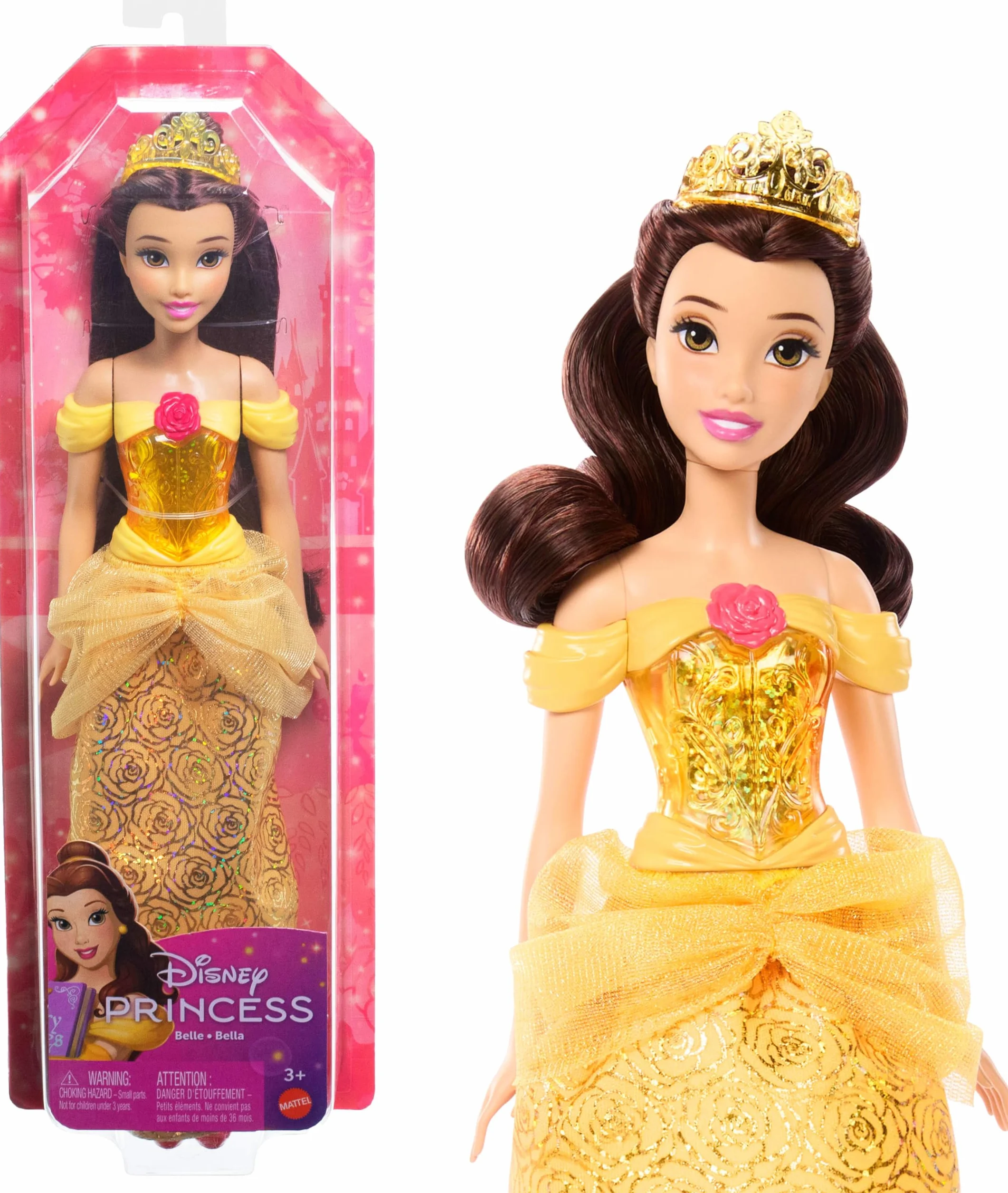 Mattel Disney Princess - Belle bambola con capi e accessori scintillanti ispirati al film, giocattolo per bambini, 3+ Anni, HLW11