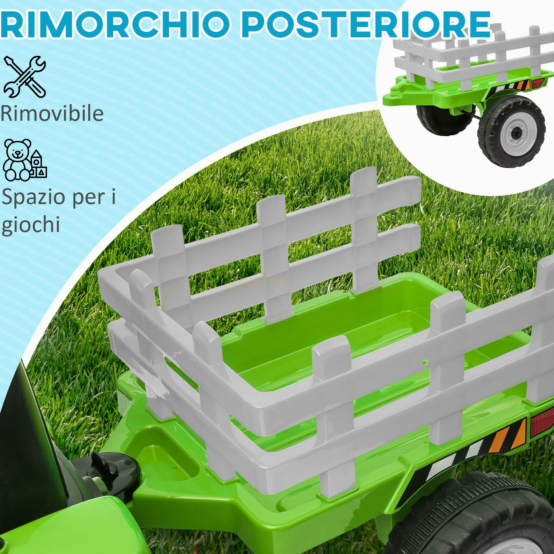 HOMCOM Trattore Elettrico per Bambini Rimorchio Rimovibile 3-6 Anni Verde | Batteria 12V Ricaricabile con Telecomando, Porta USB, Musica Preinstallata e Luci
