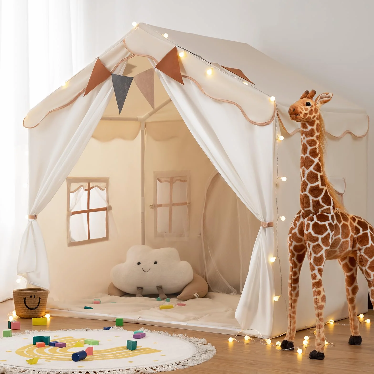 2 in 1 Tenda per Bambini besrey, Tenda Casetta da Gioco con 2 Porte e 4 Finestre, Tenda da Gioco per Bambini Interni ed Esterni con Tappetino Imbottito, Luci Fatate e bandierine