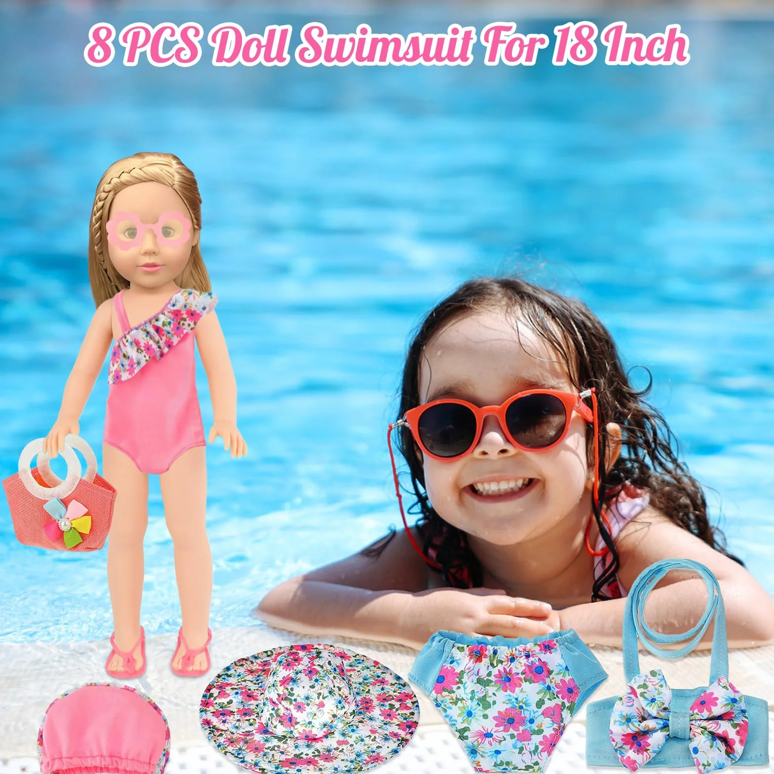 Set di Nuoto per Bambole 8 Pezzi, Estate Costume da Bagno per Bambole,Vestiti Bambole Reborn,Vestiti per Bambole per New Baby Born Bambola,Accessori per Bambole Reborn 35-43CM, Regalo per Ragazze
