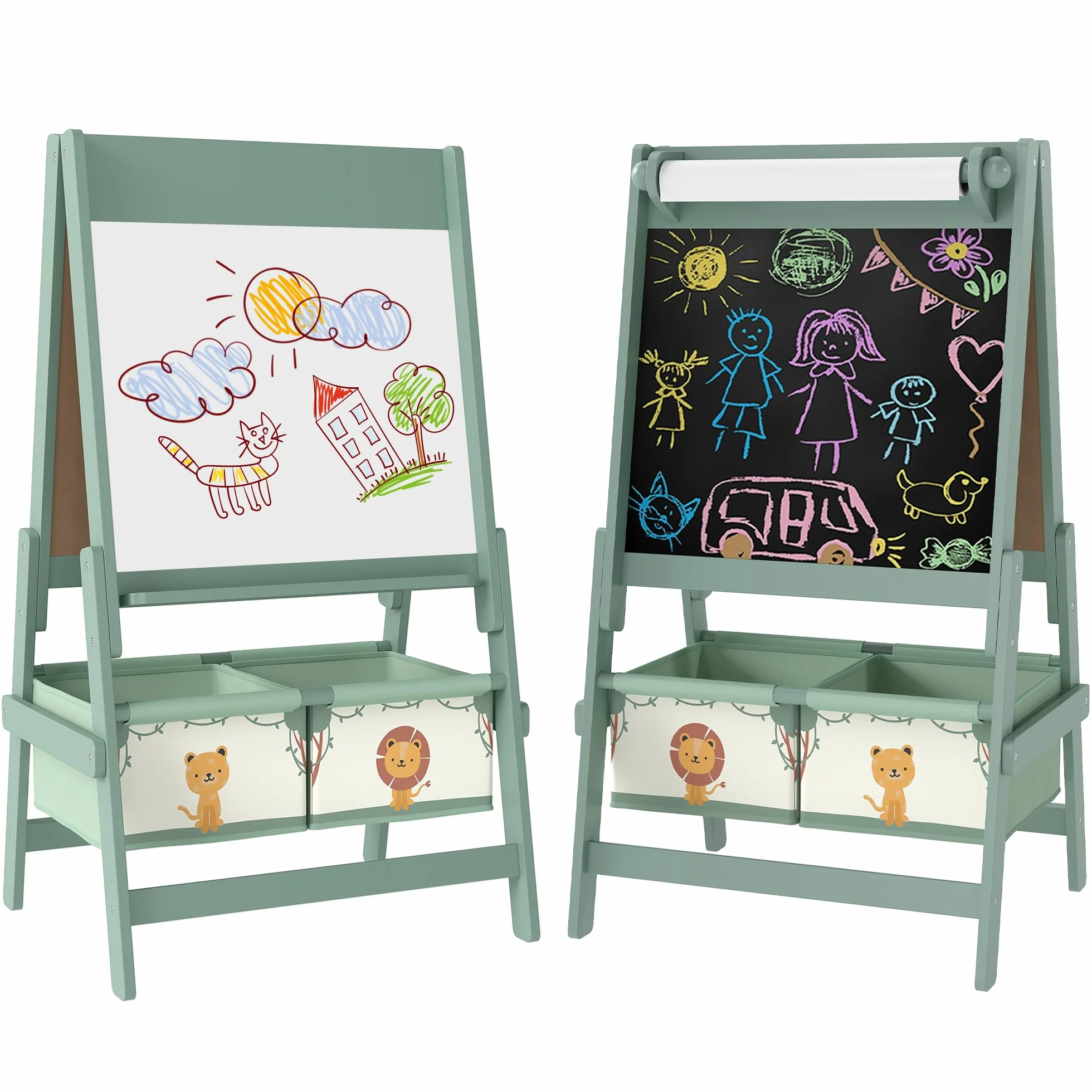 AIYAPLAY Lavagna per Bambini 3 in 1 con Rotolo di Carta e Cestelli Portaoggetti, Cavalletto in Legno di Pino e MDF, 54x46x94 cm, Verde