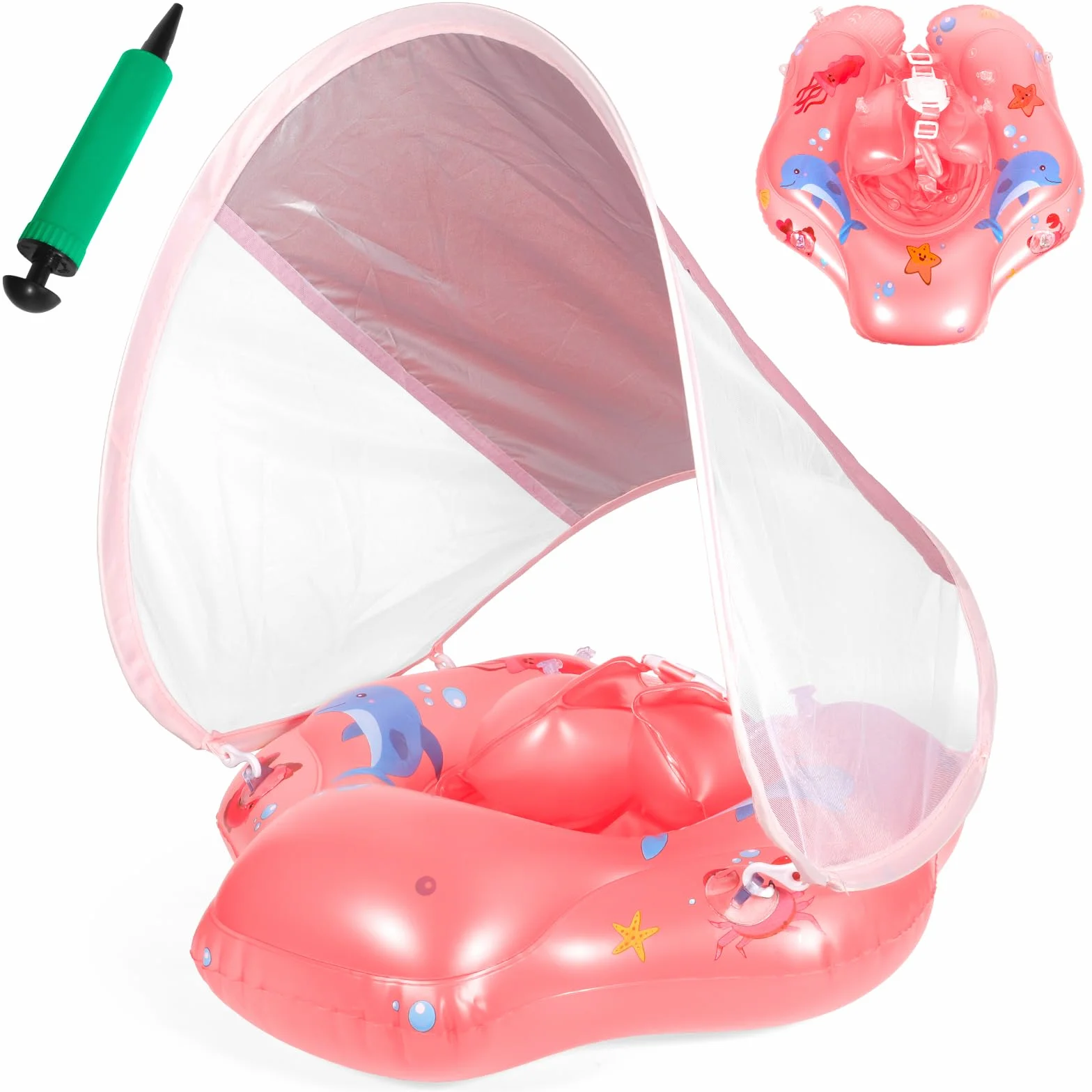 Piscina Salvagente Bambini Gonfiabile, Salvagente Neonato 1-3 anni, Salvagentes Neonato con Parasole e Seggiolino di Sicurezza, Anello di Nuoto Bambini UPF50+ Protezione UV(Rosa)