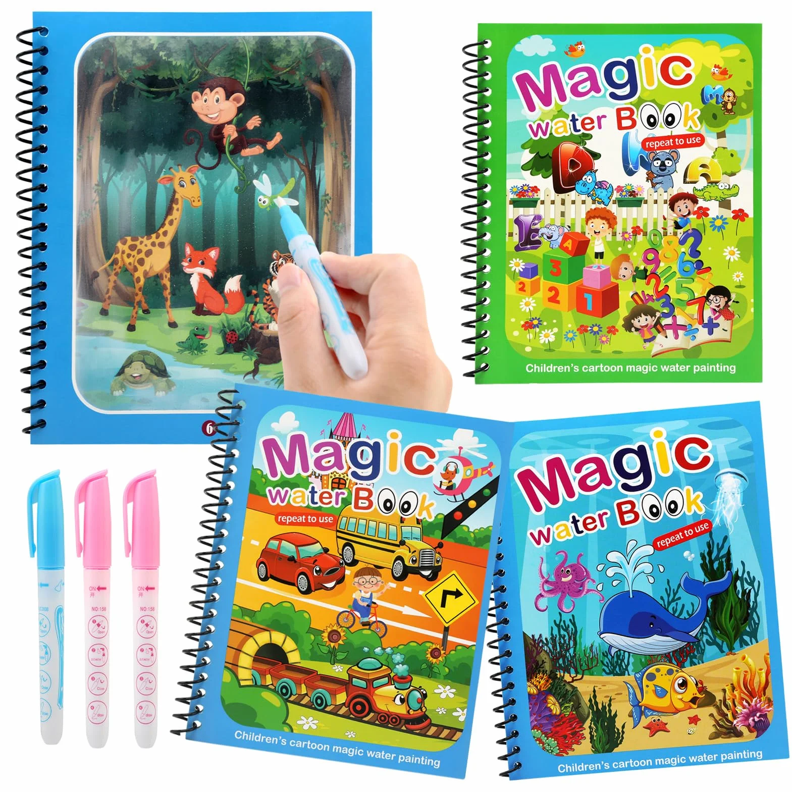 JoyPlus 4 Pezzi Libro di Pittura ad Acqua con 4 Penna Acqua, Libri da Colorare per Bambini, Riutilizzabili Libro Magico ad Acqua da Colorare, Pittura Giocattolo Regalo per Ragazzi Ragazze Bambini