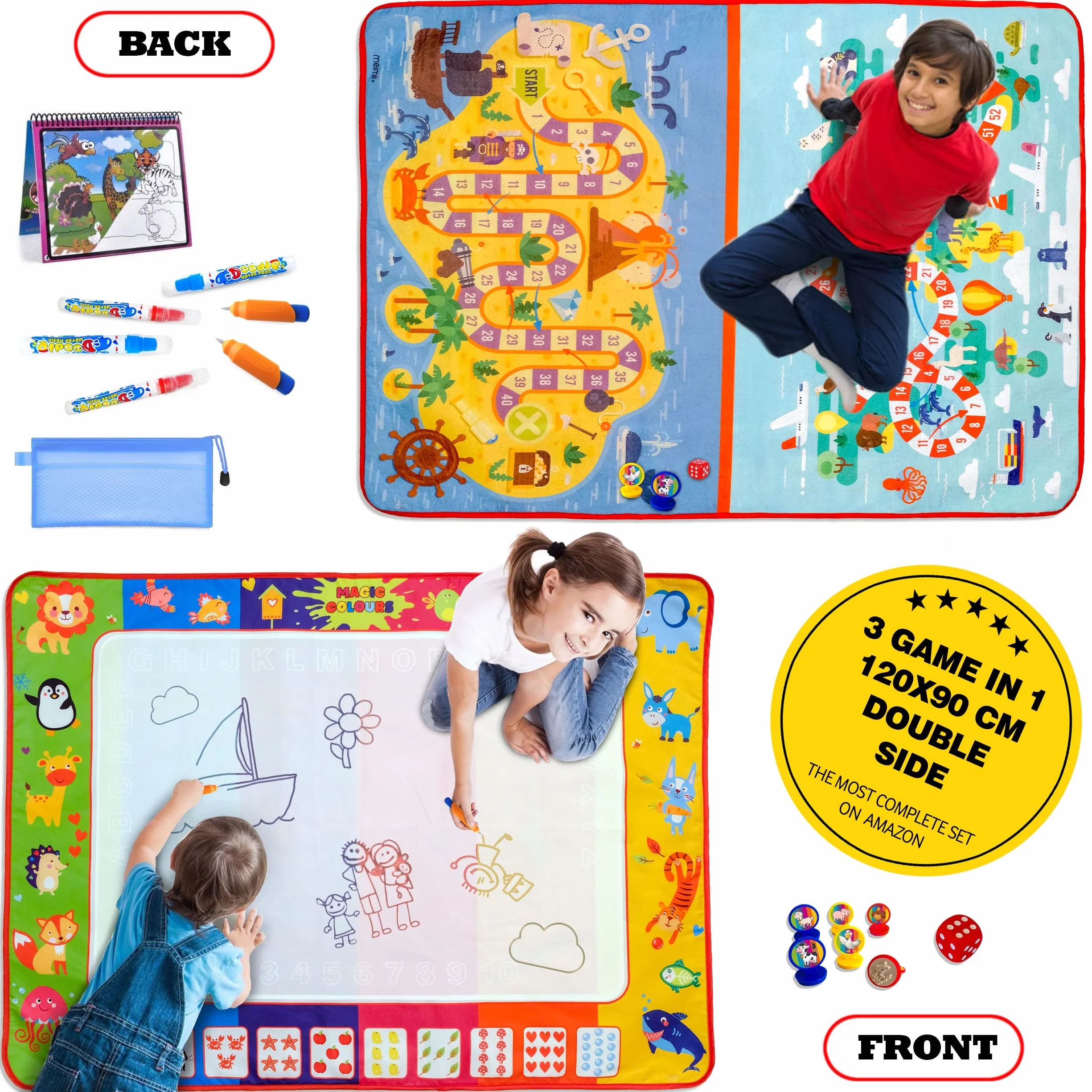 Tappeto Magico 2 Lati 120x90cm Con Accessori, Giochi Educativi e Didattici, Giocattolo per Disegni, Acqua, Bambini 3 anni, Doodle Idea Regalo Design Registrato