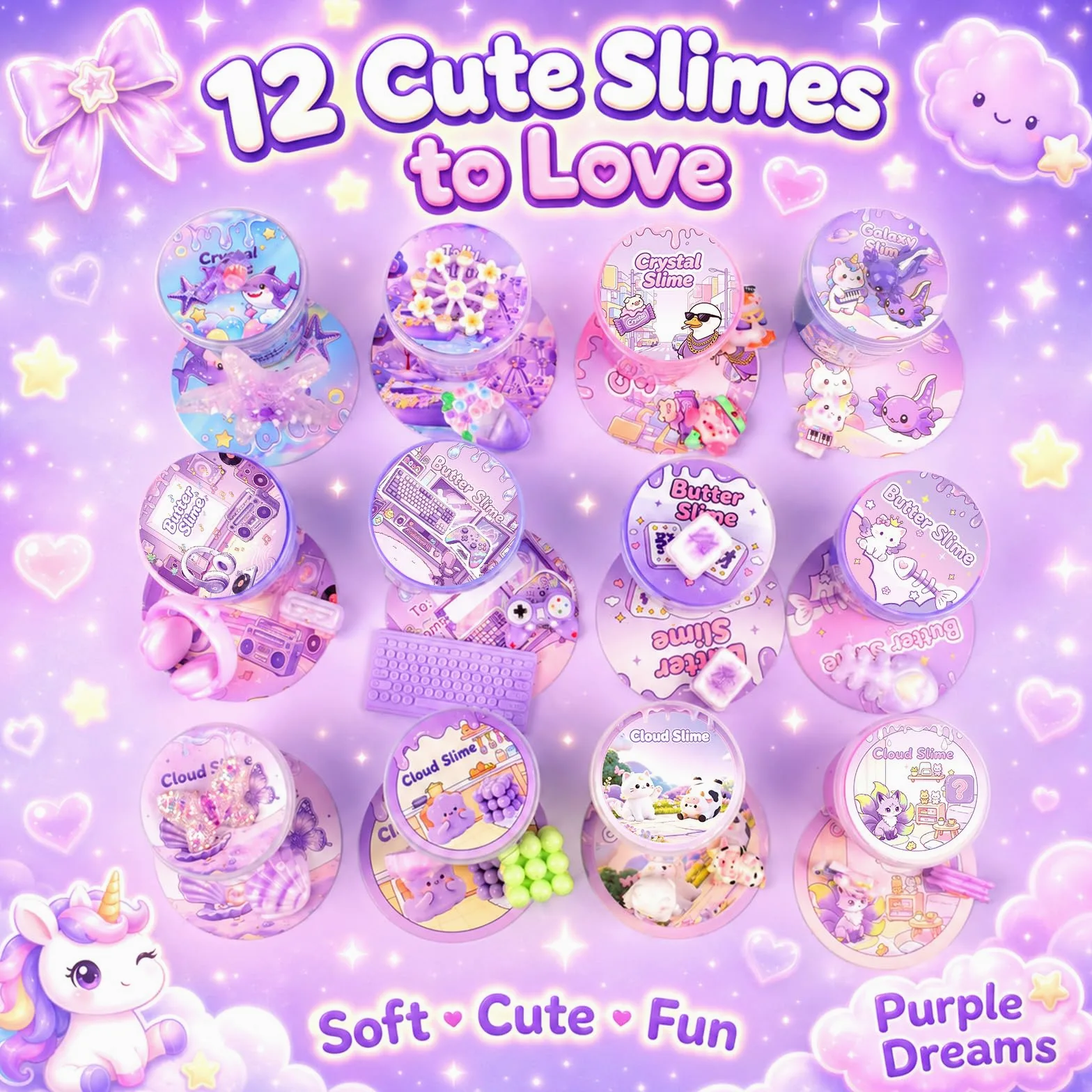 Kit di slime viola a forma di nuvola, 12 pezzi, morbido giocattolo sensoriale | per bambini dagli 8 ai 12 anni, bomboniere per feste di compleanno, riempitivi per sacchetti per ragazze e ragazzi