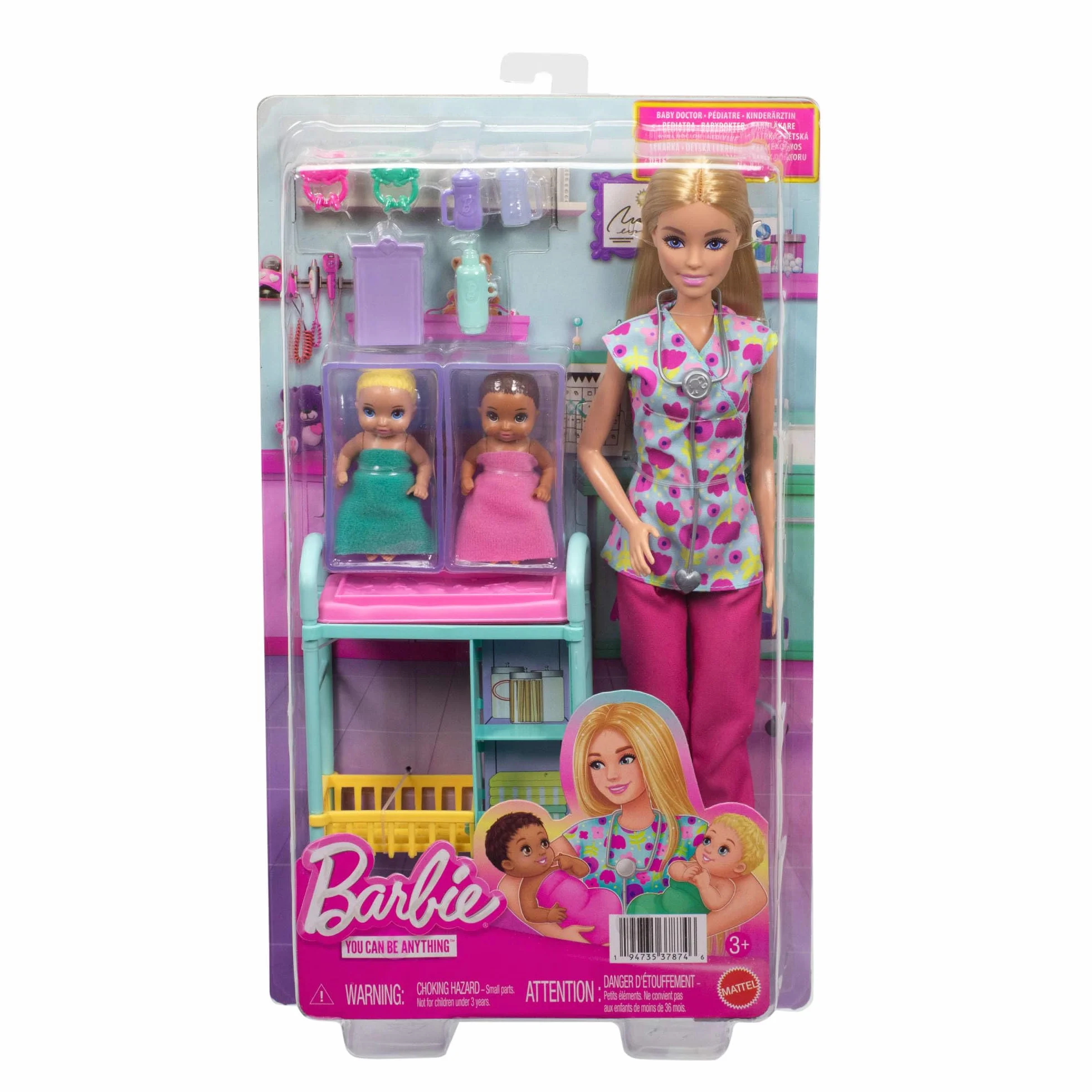 Barbie Carriere - Pediatra, set con bambola bionda con camice a fiori colorato, 2 mini bambole neonati, lettino per le visite e accessori a tema inclusi, 3+ anni, JMK12