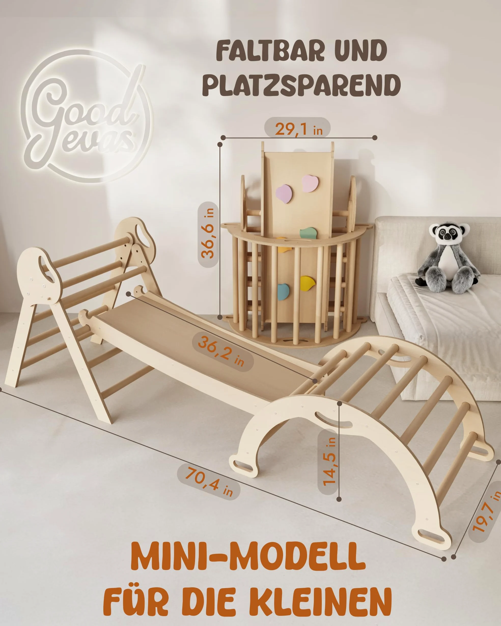 Goodevas 5-in-1 Struttura da Arrampicata per Interni in Legno con Scivolo – Triangolo Montessori per Bambini da 1 Anno, Parco Giochi per Interni, Giocattolo da Arrampicata per Bambini Triangolo