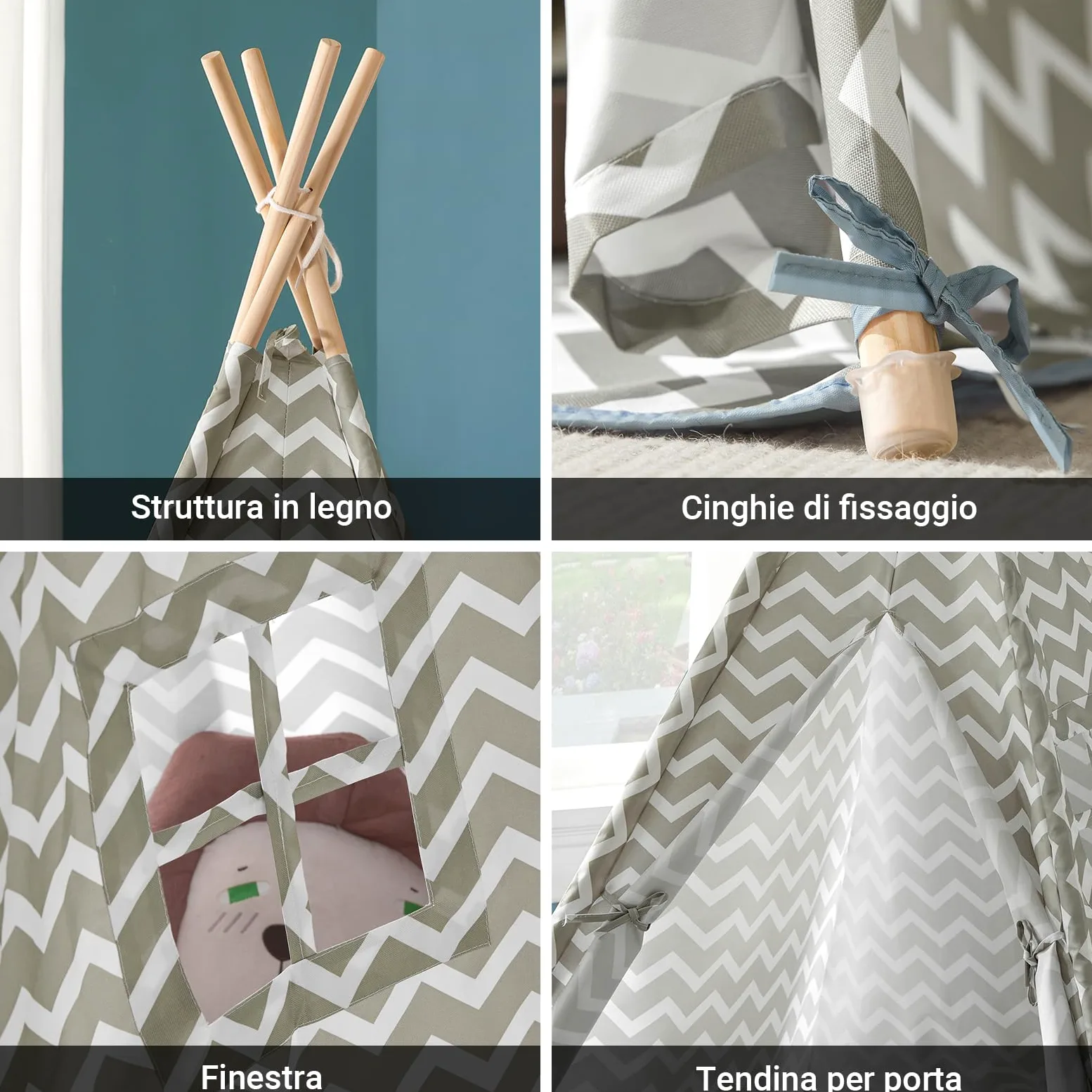 SoBuy Tenda Tipi Bambini 109x109x165cm Cameretta | casetta gioco con tappetino, finestra e tenda apribile, struttura in pino OSS03
