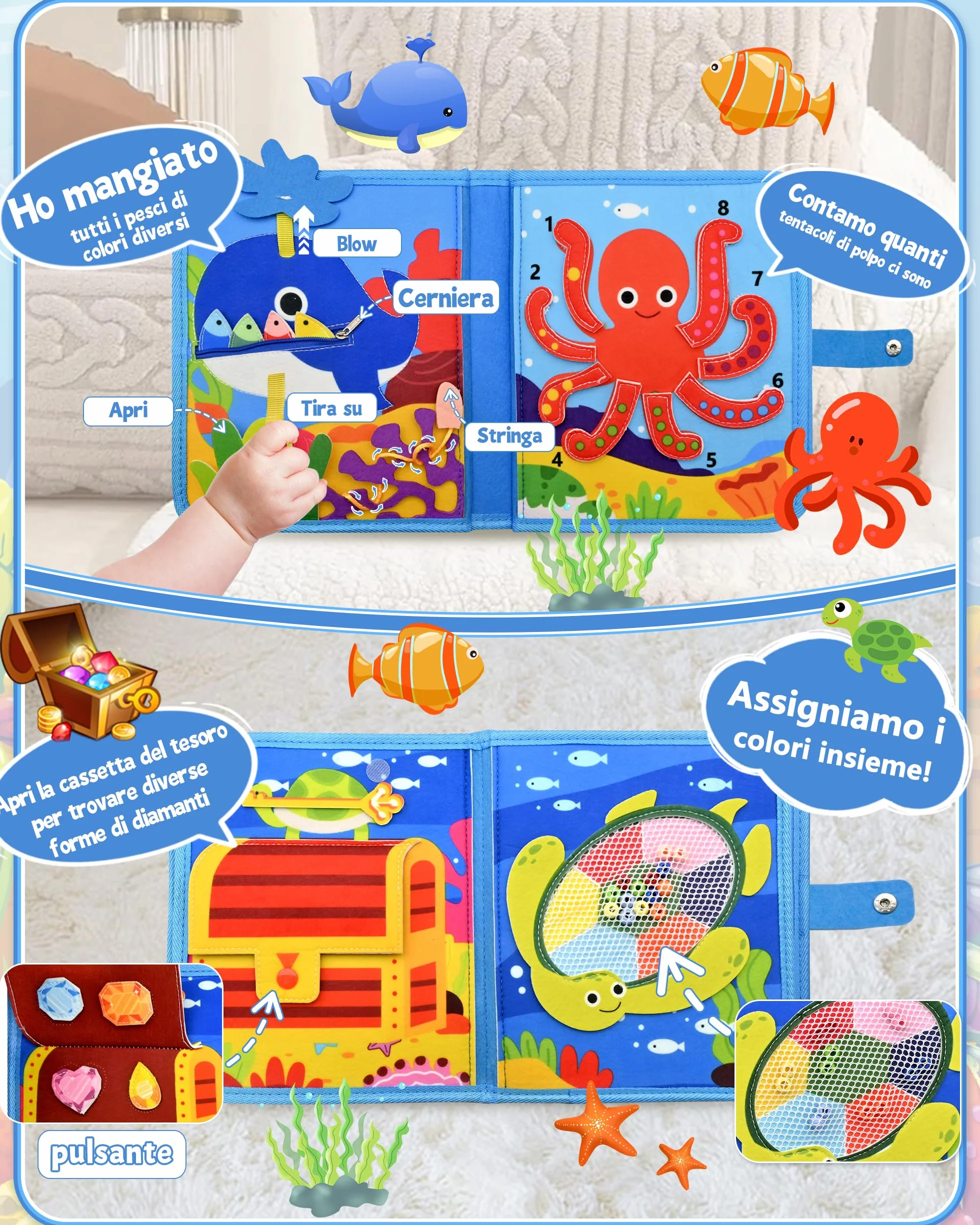 Busy Board Libro Montessori Interattivo 1 Anno, Busy Book Sensoriale Educativo, Giochi Montessori 1-4 Anni, Pannello di Feltro Attività, Valigetta Montessori Bambini (Oceano)