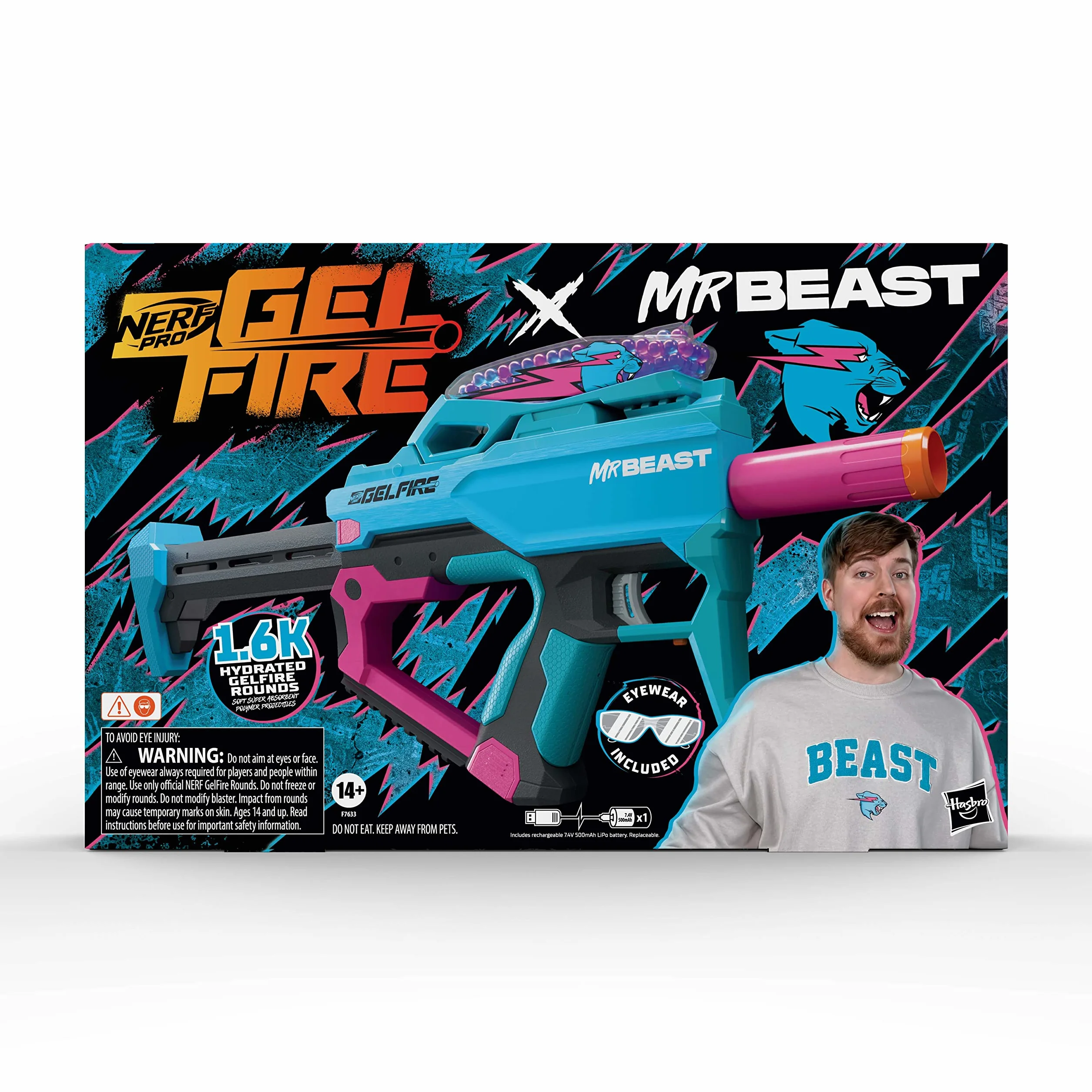 Nerf Pro Gelfire X MrBeast Blaster, 1600 Gelfire Rounds, 300 Round Hopper, Batteria Ricaricabile, Occhiali