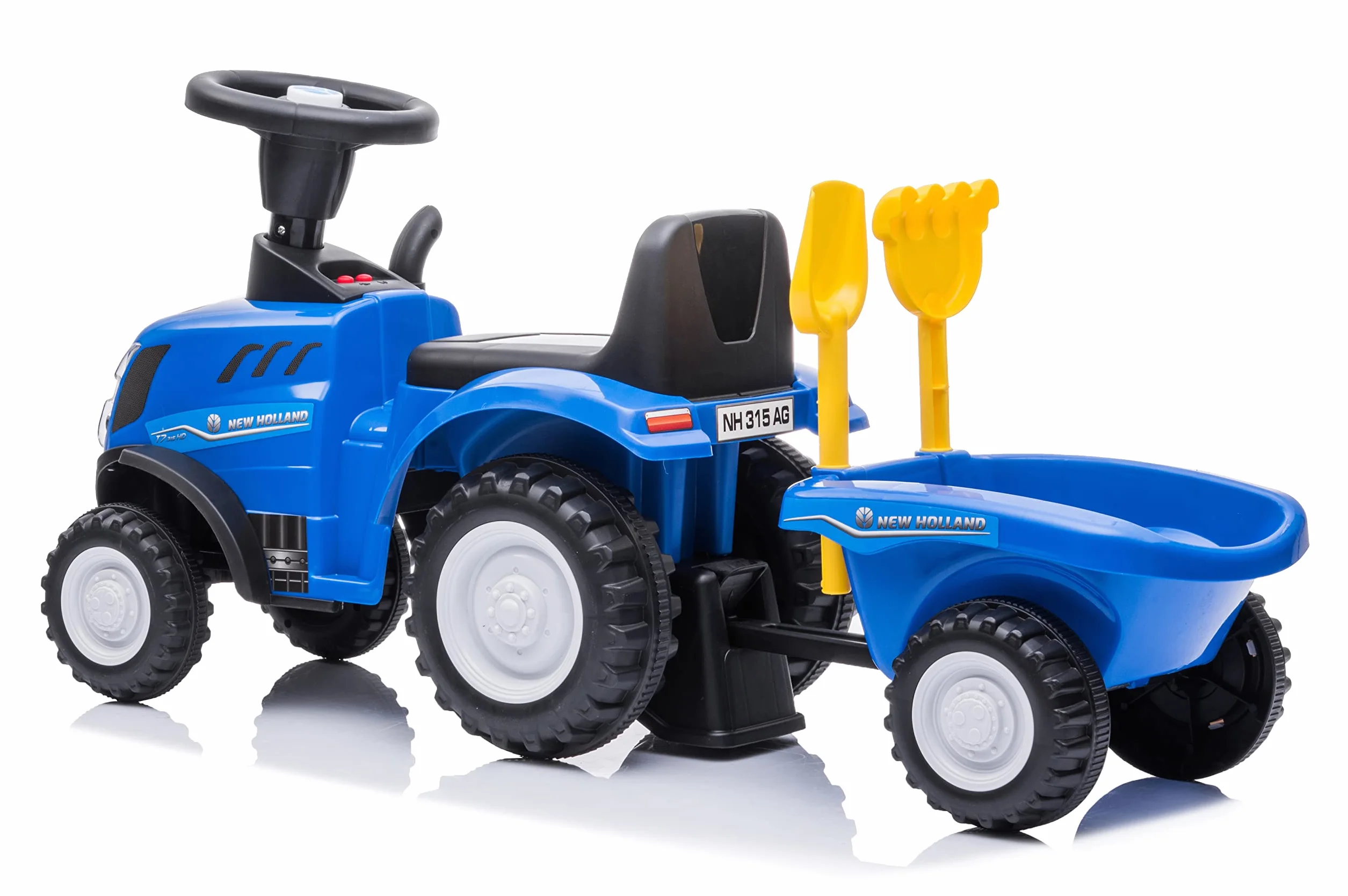 Sun Baby New Holland Macchinina Cavalcabile per Bambini 12 Mesi con Pala e Rastrello, Clacson, Suono Motore (Blu)