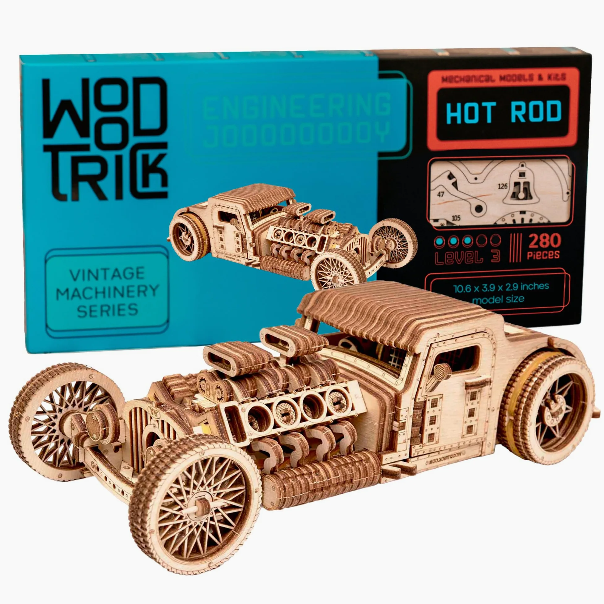 Wood Trick Hot Rod Car Puzzle 3D di Legno per Adulti da Costruire | [280 Pezzi] Rotola Fino a 9,8 m - Design Vintage Dettagliato - Kit di Montaggio Meccanico in Legno DIY per Adulti
