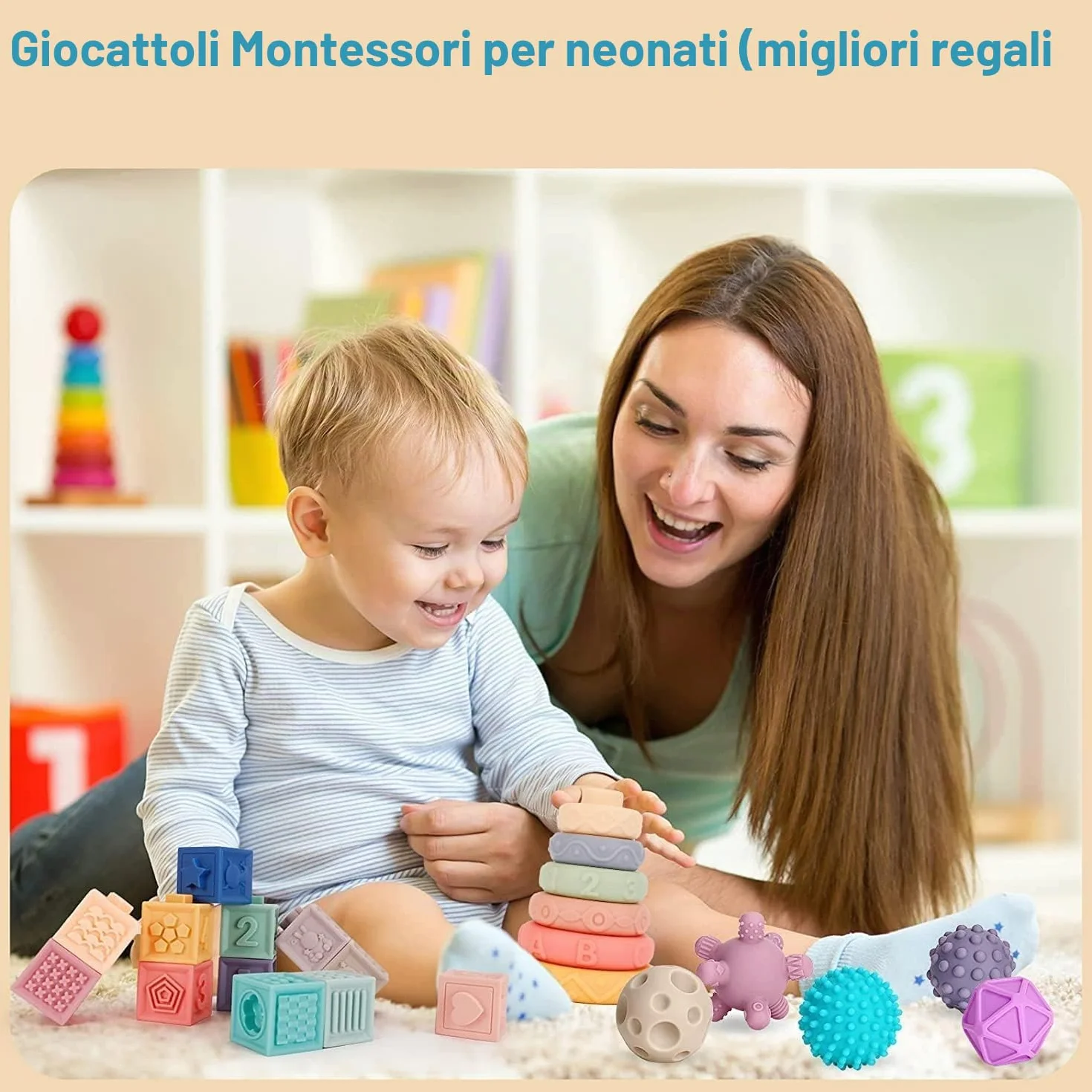 Giochi Neonato 6 Mesi, Giochi Montessori 1 Anno Sensoriale, Teether Giocattoli sensoriali Montessori educativi morbidi da impilare, Regali per Bambini da 6 9 12 Mesi