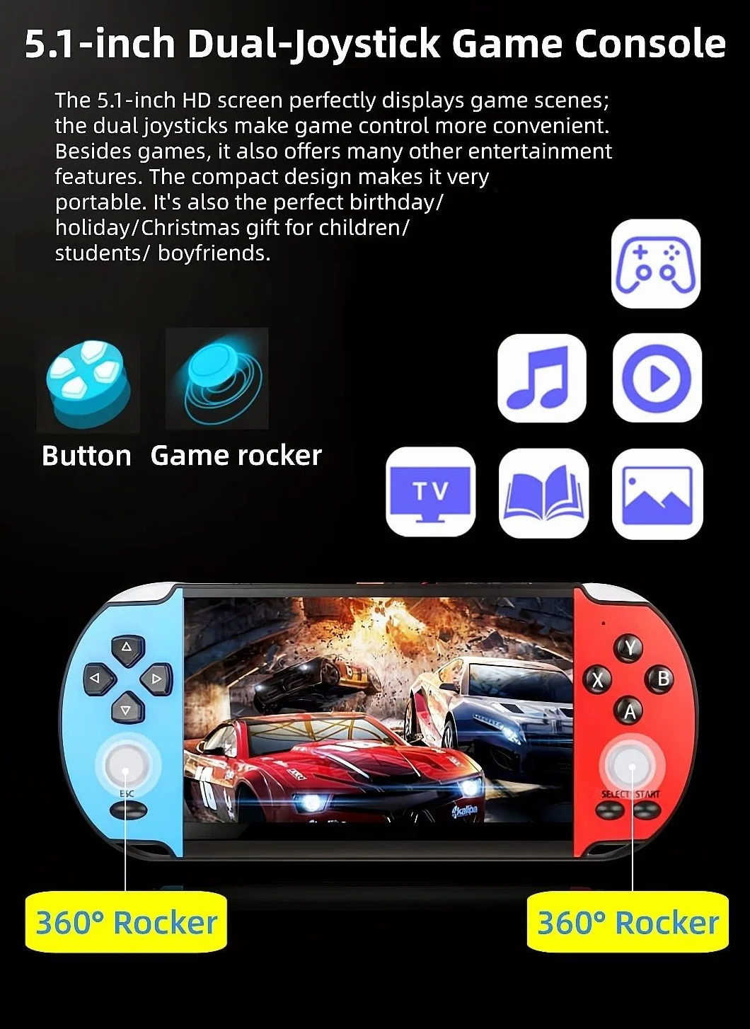 5,1 Pollici Console di Gioco Portatile Più Simulatori Retrò Video/Musica/E-book/Output TV Game Elettronico per il Tempo Libero Interno/Esterno/Viaggio Regalo di Compleanno/Vacanza