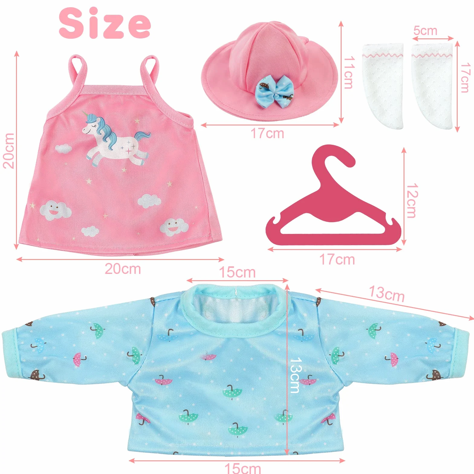 Aolso Vestiti per Bambole per New Born Baby Doll, Abito per Bambolotti 35-45CM, Vestito Stampa con Cappello, con 1 paio di Calzini e 1 Gruccia, Rosa e Blu (Bambola non Inclusa)