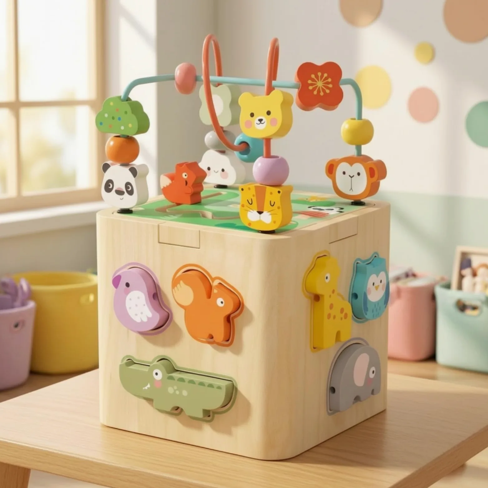 Giocattolo Educativo per Bambini Cubo Sensoriale Legno Percorso Perline Rotelle Ingranaggi Puzzle Rotante Abbinamento Forme Sviluppo Abilità Motorie