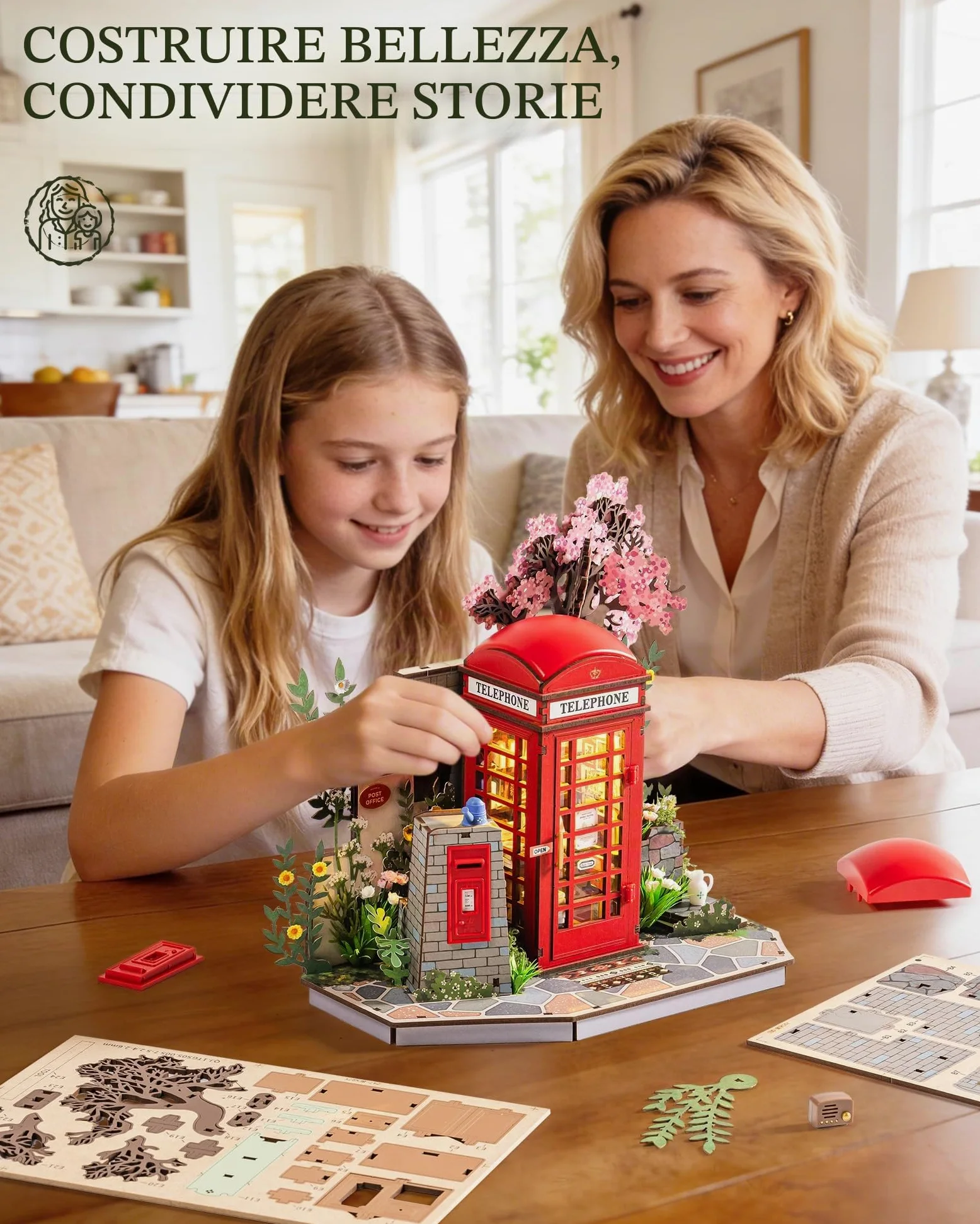 Rolife Puzzle 3D in Legno Cabina Telefonica Rossa di Londra Blossom Chiosco di Libri Modellino Fai da Te per Adulti con Luci LED Decorazione per la Casa Idea Regalo Creativa per Viaggiatori
