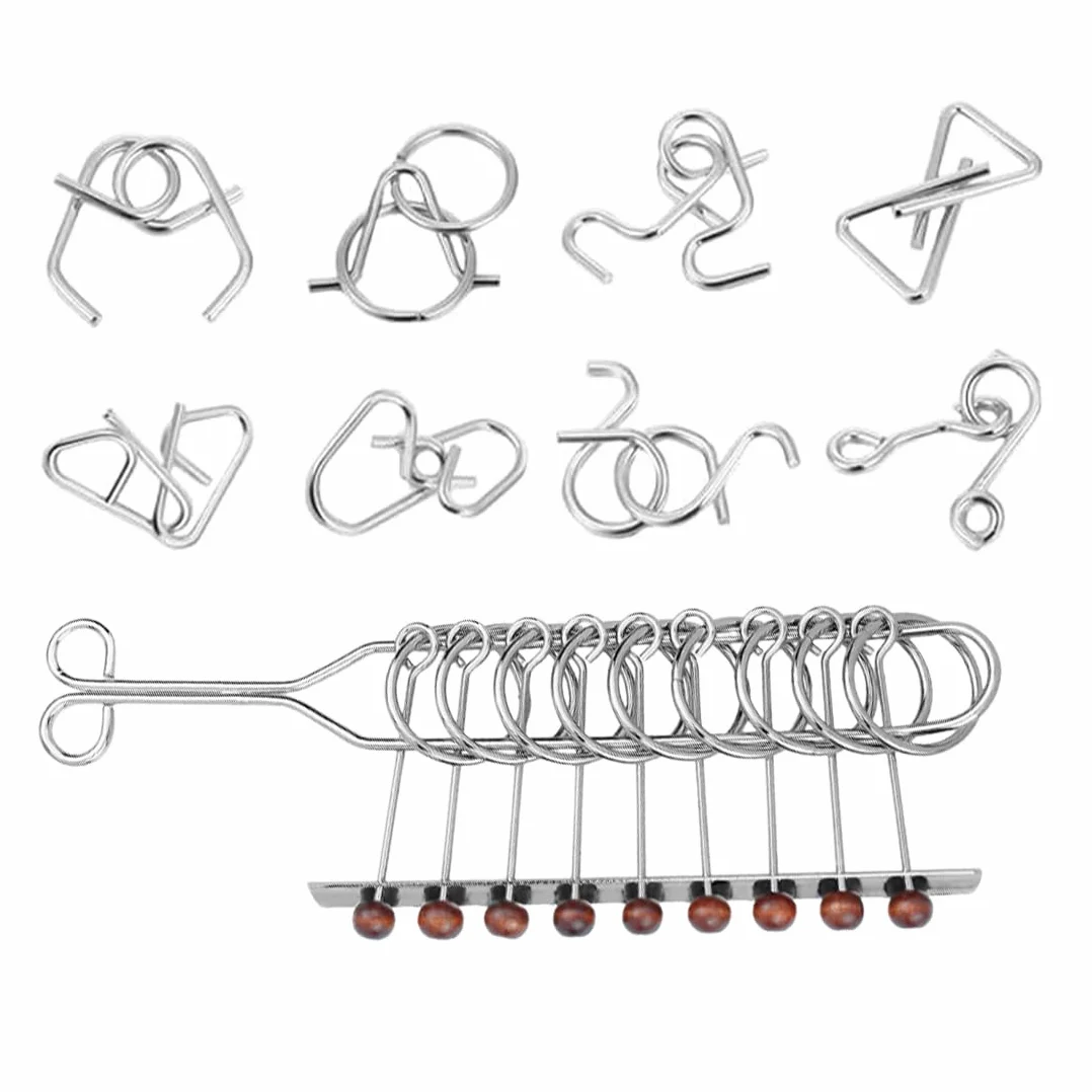 Puzzle in Metallo 3D, Set di 9 Rompicapo in Filo Metallico per Adulti e Bambini, Giocattoli Educativi