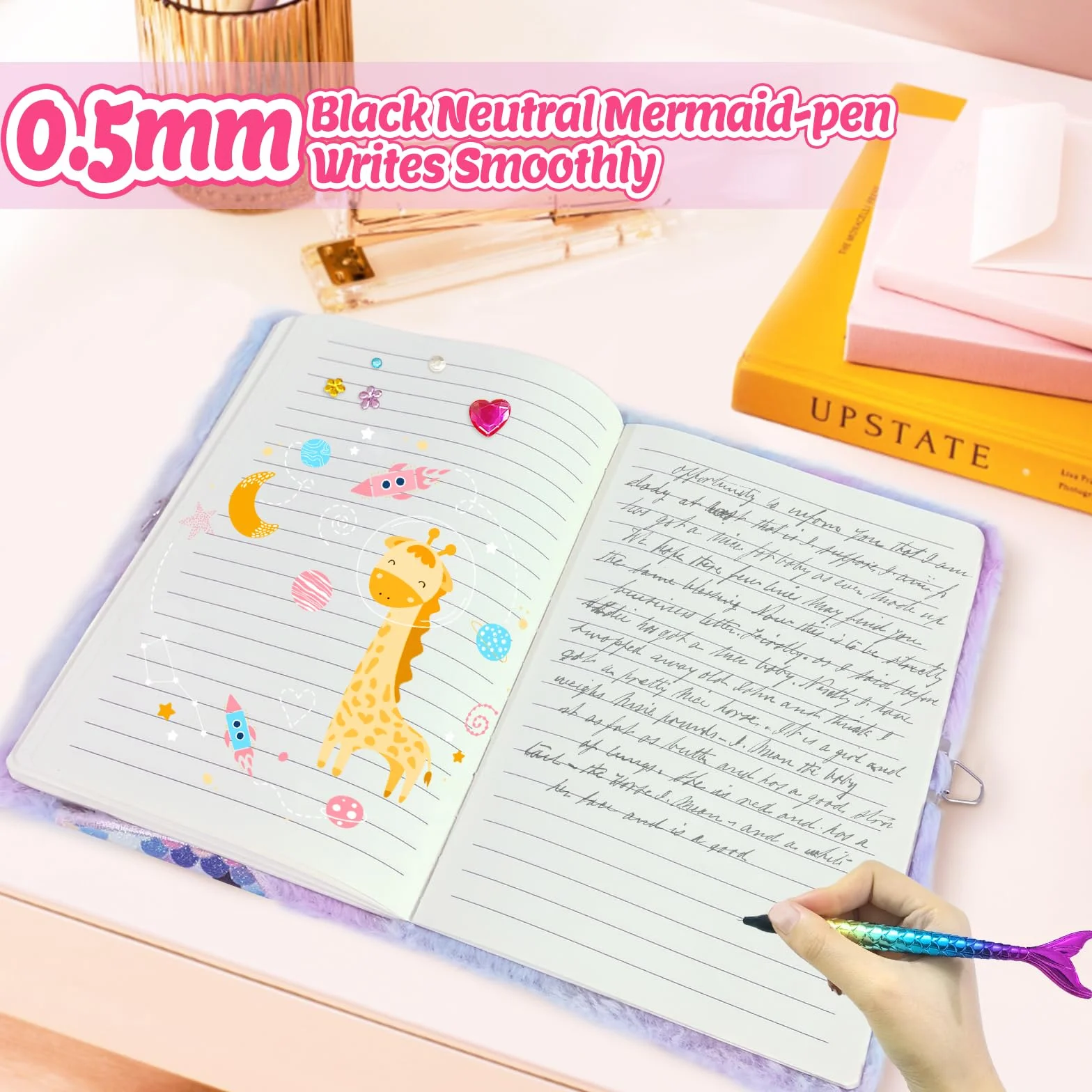 Sirena Diario Segreto Bambina, Diario in Peluche con Lucchetto A5 160pag Reversibile a Righe con Paillettes, Portamonete Penna Adesivi