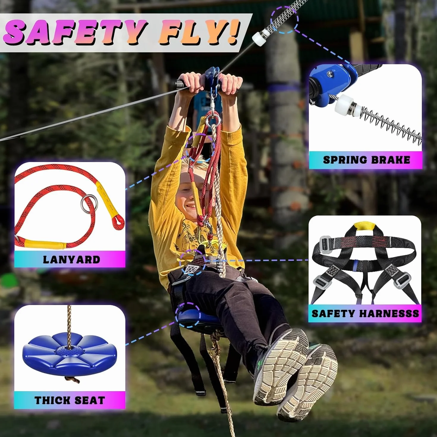 CTSC Kit zip line per giardino, 25 m, kit zip line per bambini e adulti, con freno a molla in acciaio inossidabile, kit di tensionamento, imbracatura di sicurezza, protezioni per alberi (25 m blu)