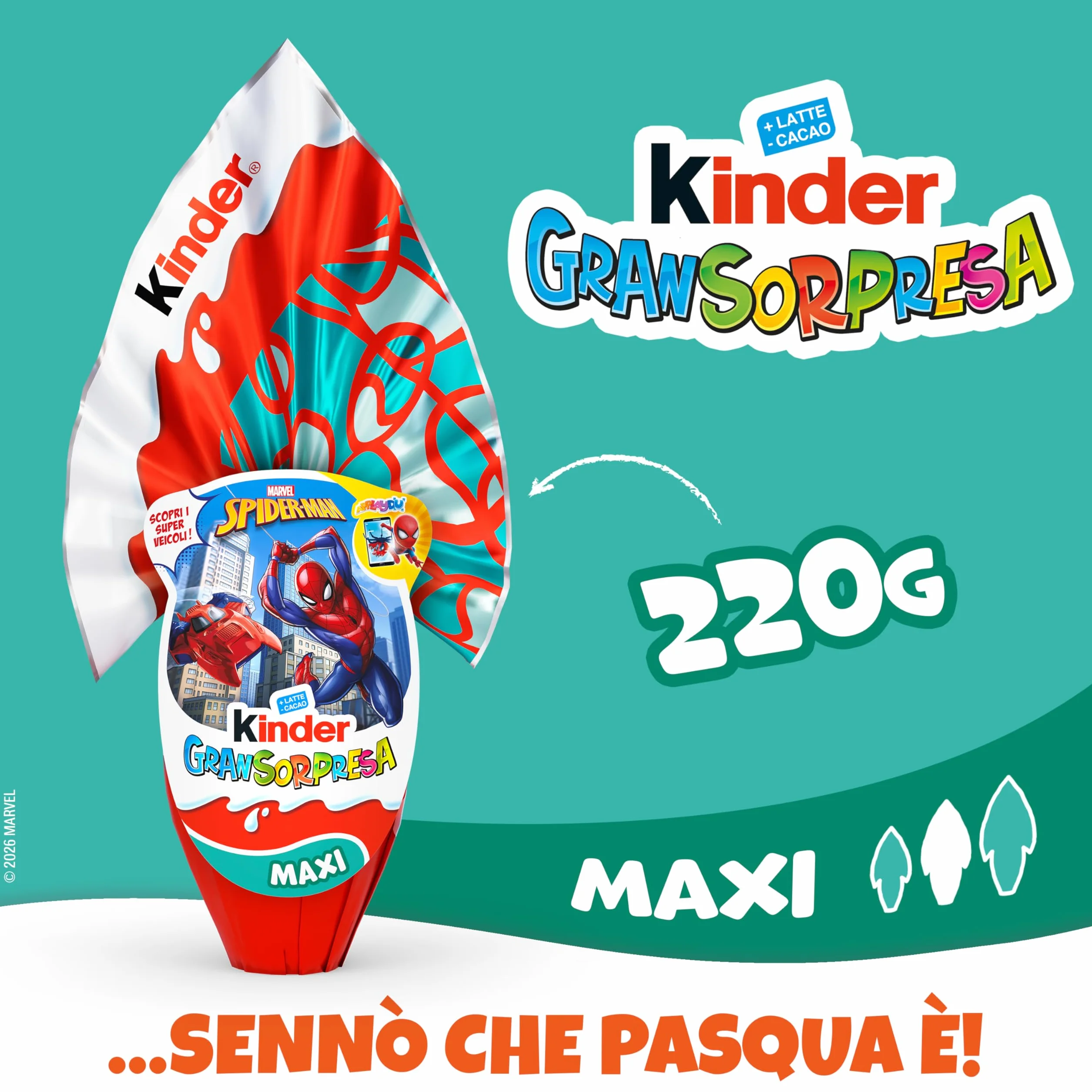 Kinder GranSorpresa Maxi Spider-Man, Uovo di Pasqua Kinder 2026 di Finissimo Cioccolato al Latte con Sorpresa Marvel Spider-Man, 220 g
