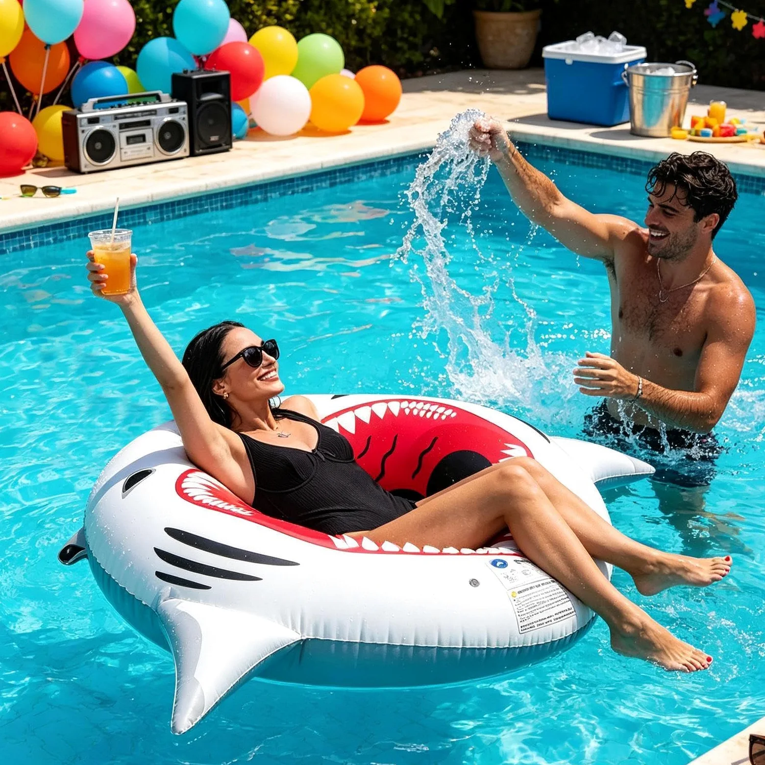 Tubo gonfiabile da piscina Decorazioni gonfiabili con motivo squalo | Galleggiante per piscina a forma di ciambella per Vacanze, Feste, Spiaggia, Acquatico, Lago, Fiume, Giardino Posteriore,