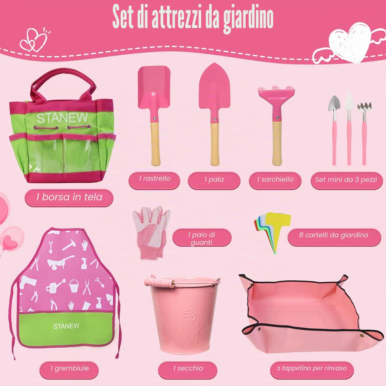 Stanew Set di Attrezzi da Giardino per Bambini, Set Giardino Bambini, Kit Giardinaggio Bambini (Rosa) Include Secchio, Grembiule,Guanti da Giardino per Bambini,Paletta Giardinaggio,Borsa da Giardino