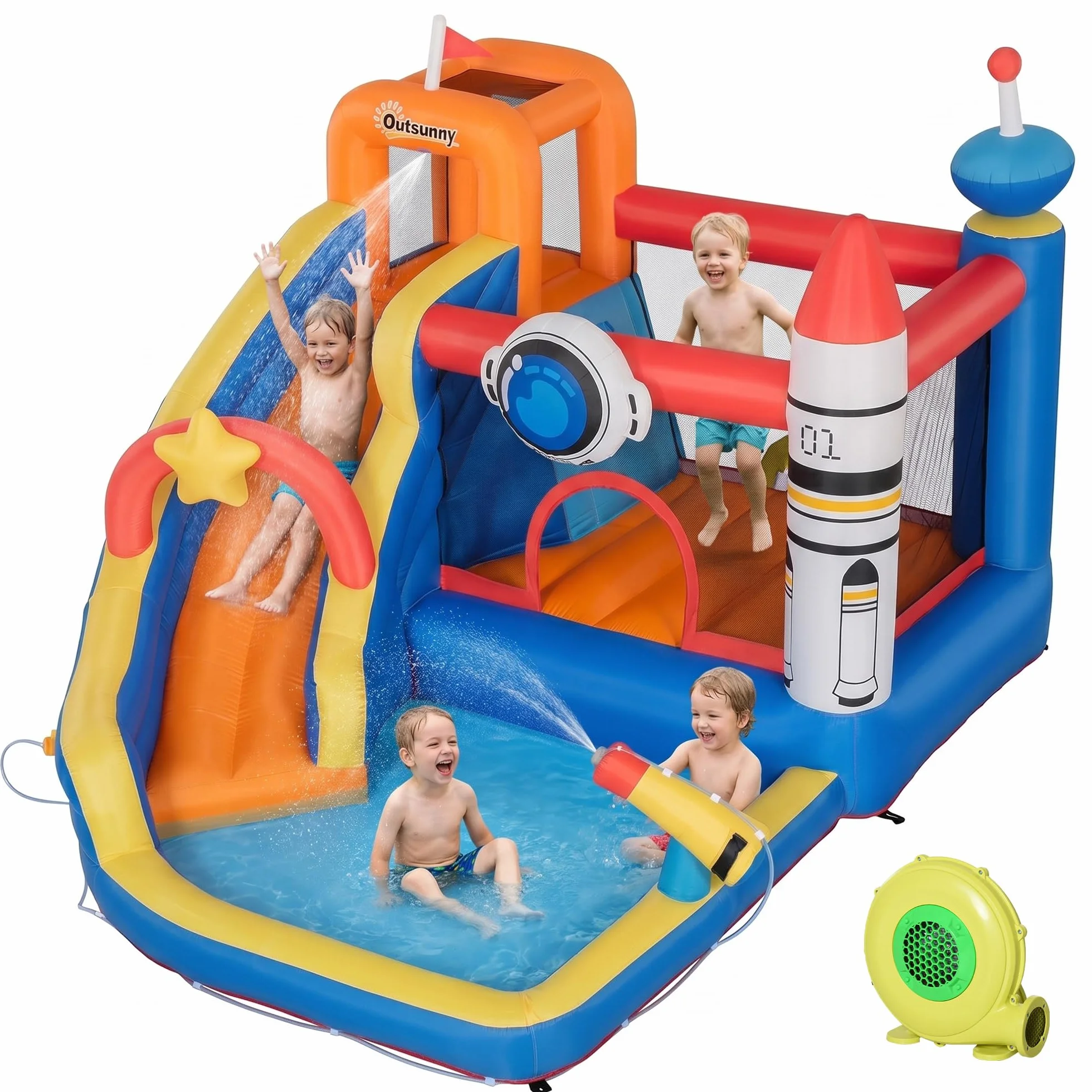 Outsunny Castello Gonfiabile per Bambini 3-8 Anni a tema Spazio con Borsa da Trasporto, 11 Paletti e Toppe Inclusi, in Tessuto Oxford, 340x270x227 cm