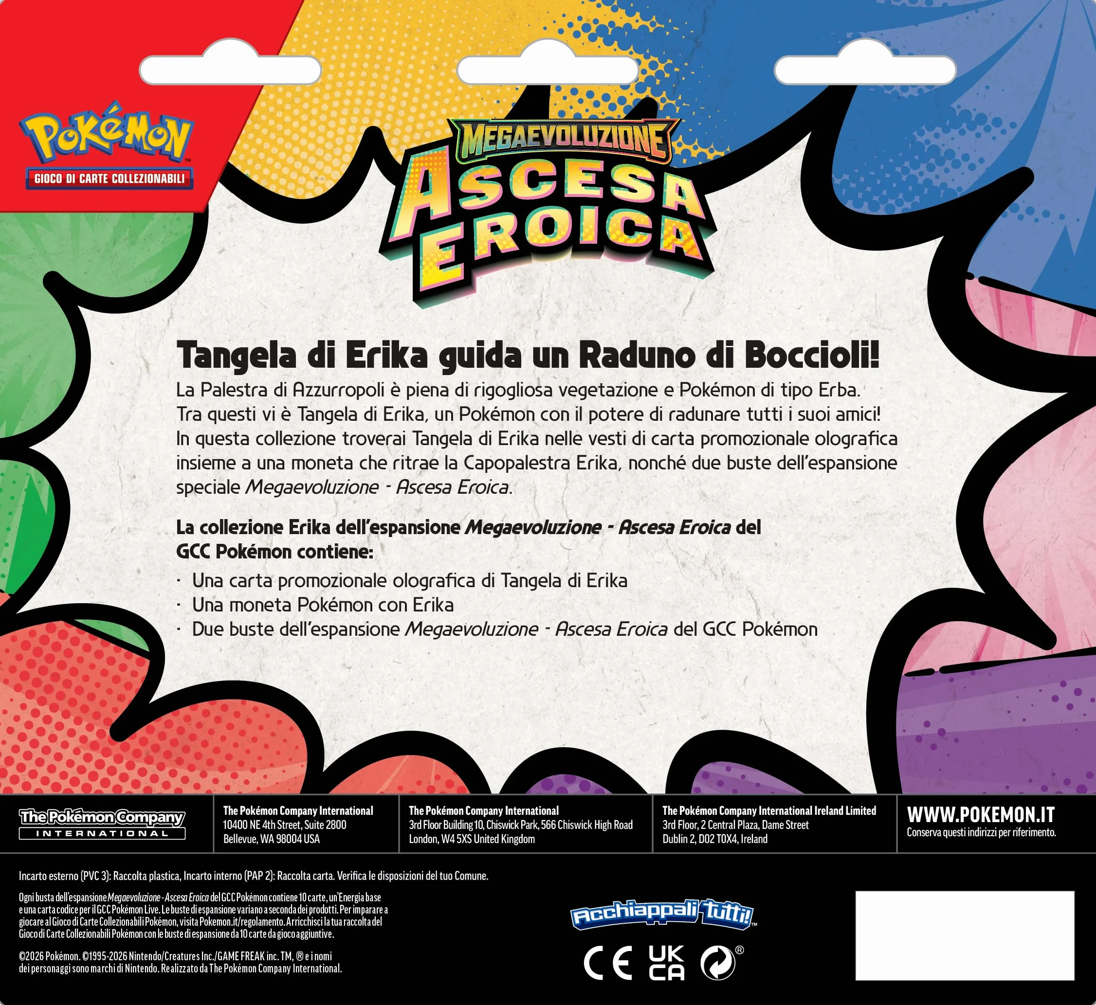 Pokémon GCC Megaevoluzione Ascesa Eroica Collezione Erika Carta Promozionale Olografica Moneta Due Buste Espansione Italiano