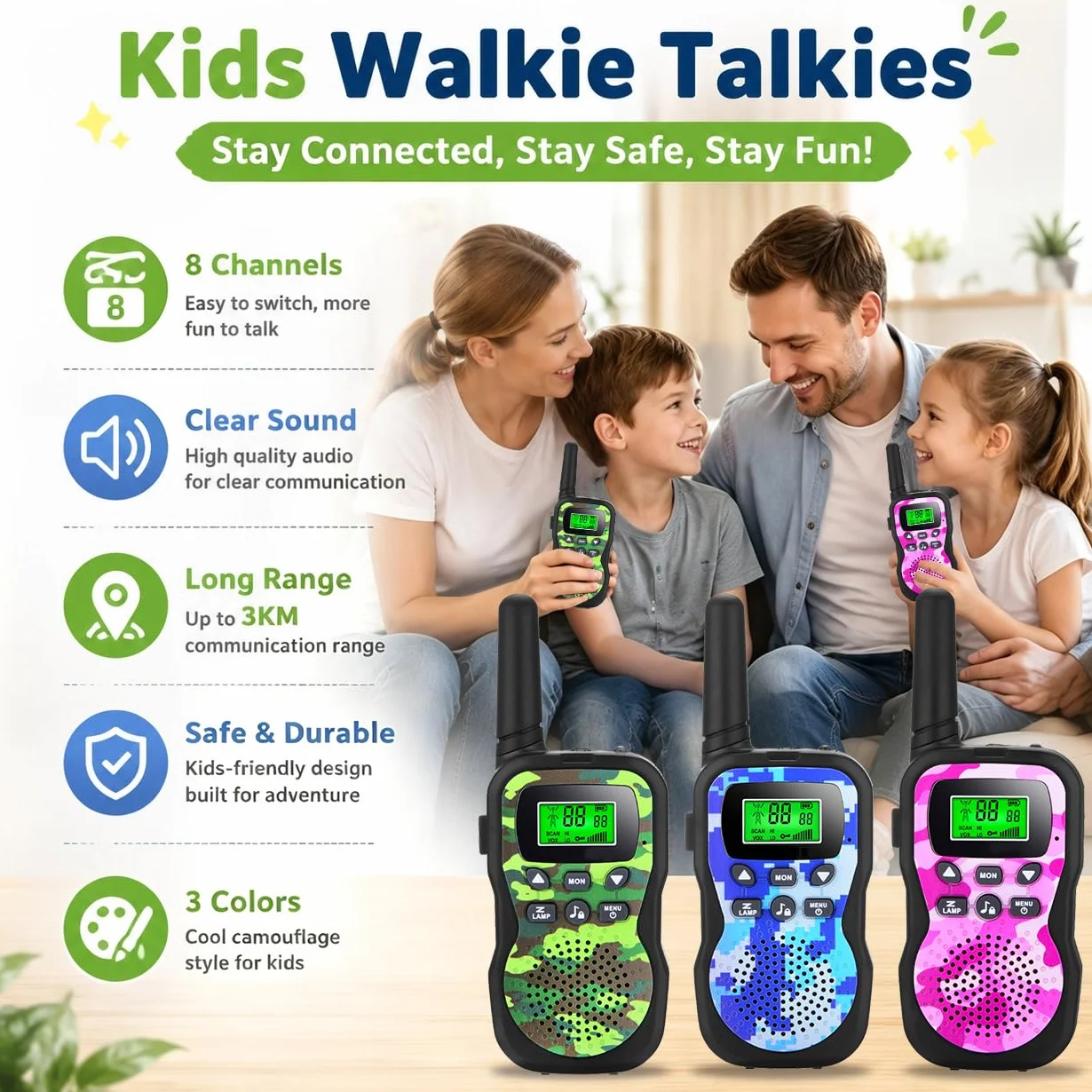 Nestling Walkie Talkies 3 Pezzi, Walkie Talkie Bambini 8 Canali Radio a 2 vie con Torcia LCD