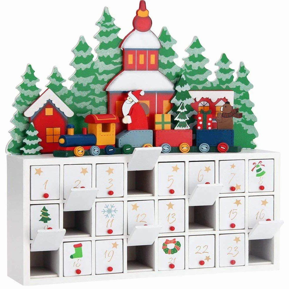 BAKAJI Calendario dell' Avvento di Natale in Legno con 24 Cassetti Numerati per Sorpresa Decorazioni Addobbi Natalizi Casa (Trenino Babbo Natale)