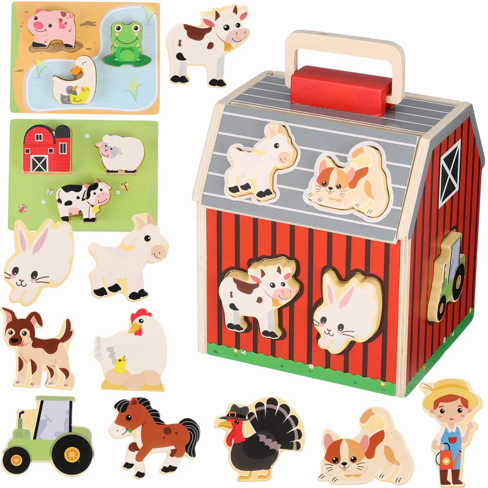 Toddmomy Giocattoli Montessori Fattoria per Anni Animali in Legno Sicuri e Didattici con Fienile Stimolazione Visiva e Sviluppo Cognitivo per Piccoli