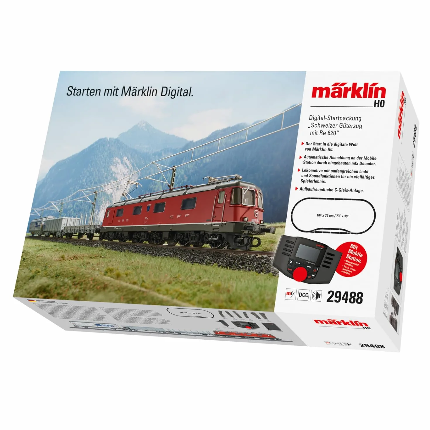 Märklin 29488 - Kit di avviamento digitale "treno merci svizzero con locomotiva elettrica Re 620", traccia H0 modellino ferroviario, molte funzioni audio, con binari Mobile Station C, 1:87