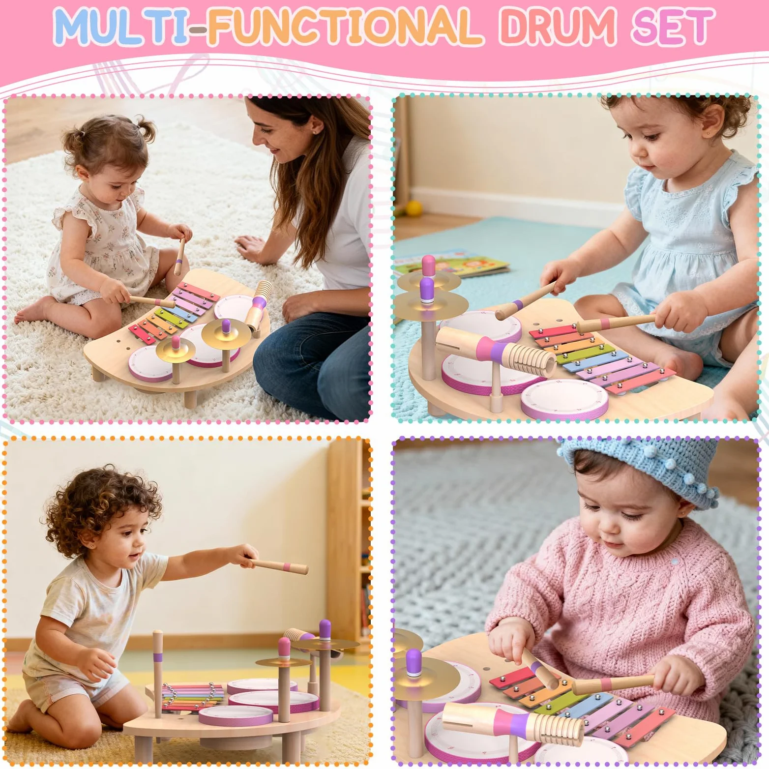 Montessori, set di tamburi in legno, strumenti musicali per bambini, set di batterie in legno con xilofono, giocattolo musicale per bambini in età prescolare, regalo di compleanno educativo per
