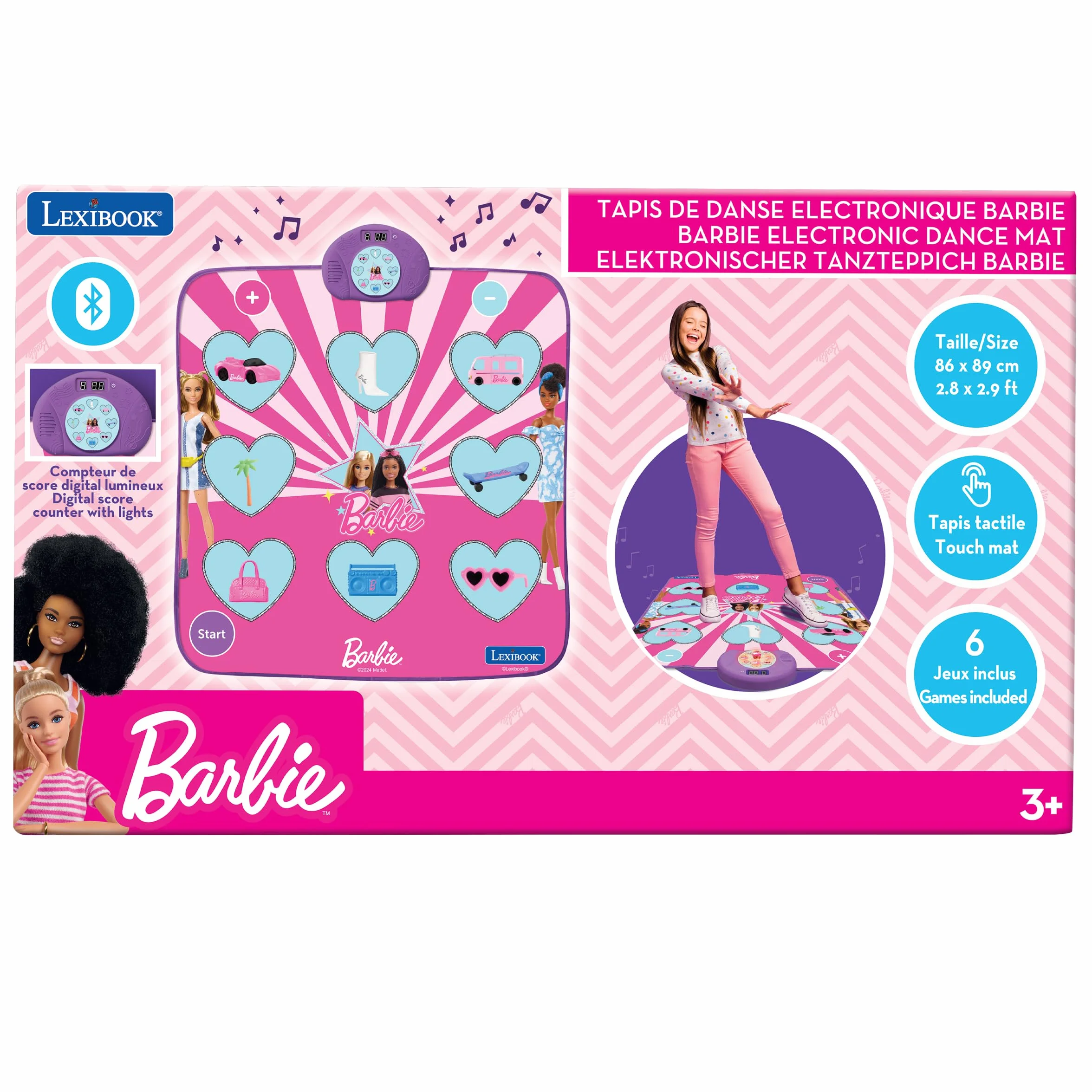 Lexibook, Mattel Barbie, Tappeto da Danza elettronico Barbie, Bluetooth e Luminoso con 6 modalità di Gioco, Rosa, DM10BBLXB