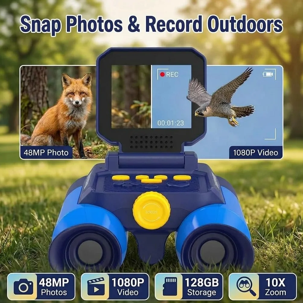 Binocolo per Bambini con Zoom Ottico 10x e Fotocamera - Foto 48 MP e Video in 1080P, Visione Notturna 25 m, Adatto dai 3 Anni in su, Ideale per Osservazione Animali e Natura | Blu Scuro
