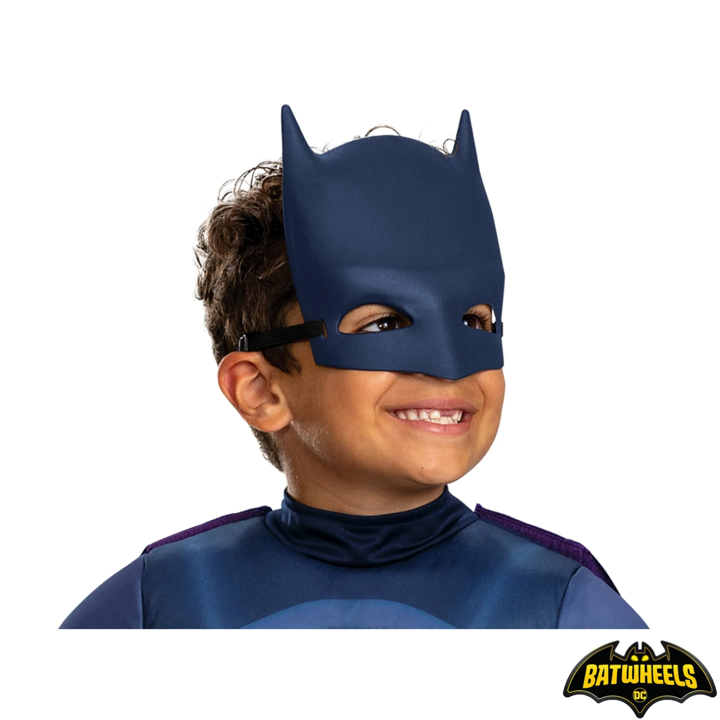 Batwheels Costume da Batman per bambini, ufficiale Batman di Disguise, con petto imbottito blu scuro con emblema pipistrello, include mantello viola e mezza maschera, per età 3-4 e 4-6 anni