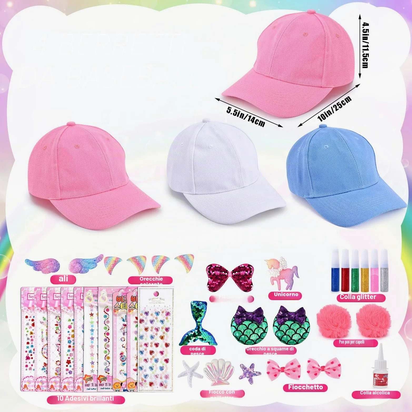 vamei Regalo per Ragazza 4 5 6 7 8 9 10 11 Anni Fai Da Te Cappellino da Baseball DIY Berretto con Adesivi per Unicorno Strass Decora Cappellino da Baseball Regali di Compleanno Ragazza