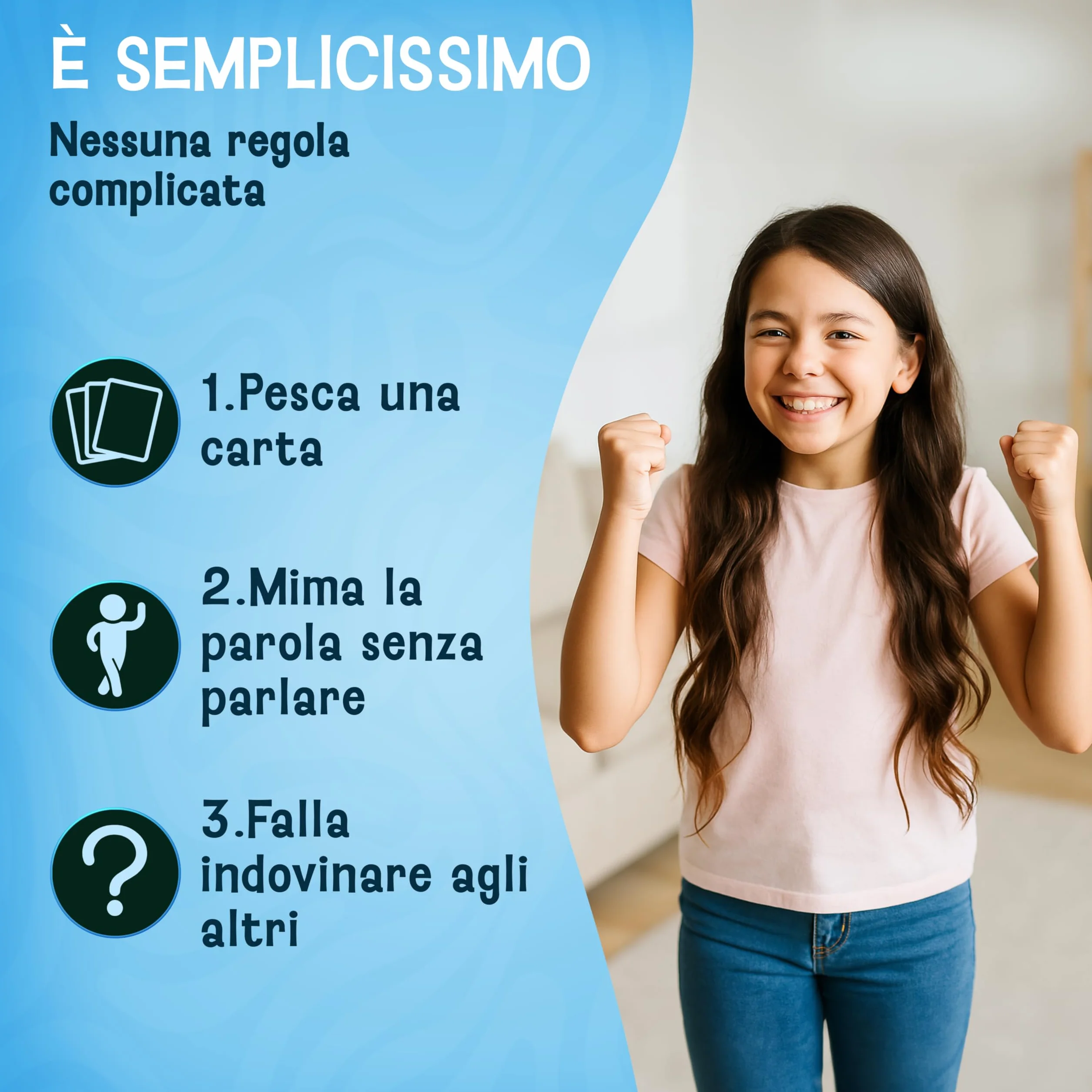 Mimo per bambini – Gioco carte divertente di mimica da 4, 5, 6, 7, 8, 9 anni – Gioco di indovinelli per tutta la famiglia – Per giocare all’aperto e in casa – Idea regalo per bambine e bambini