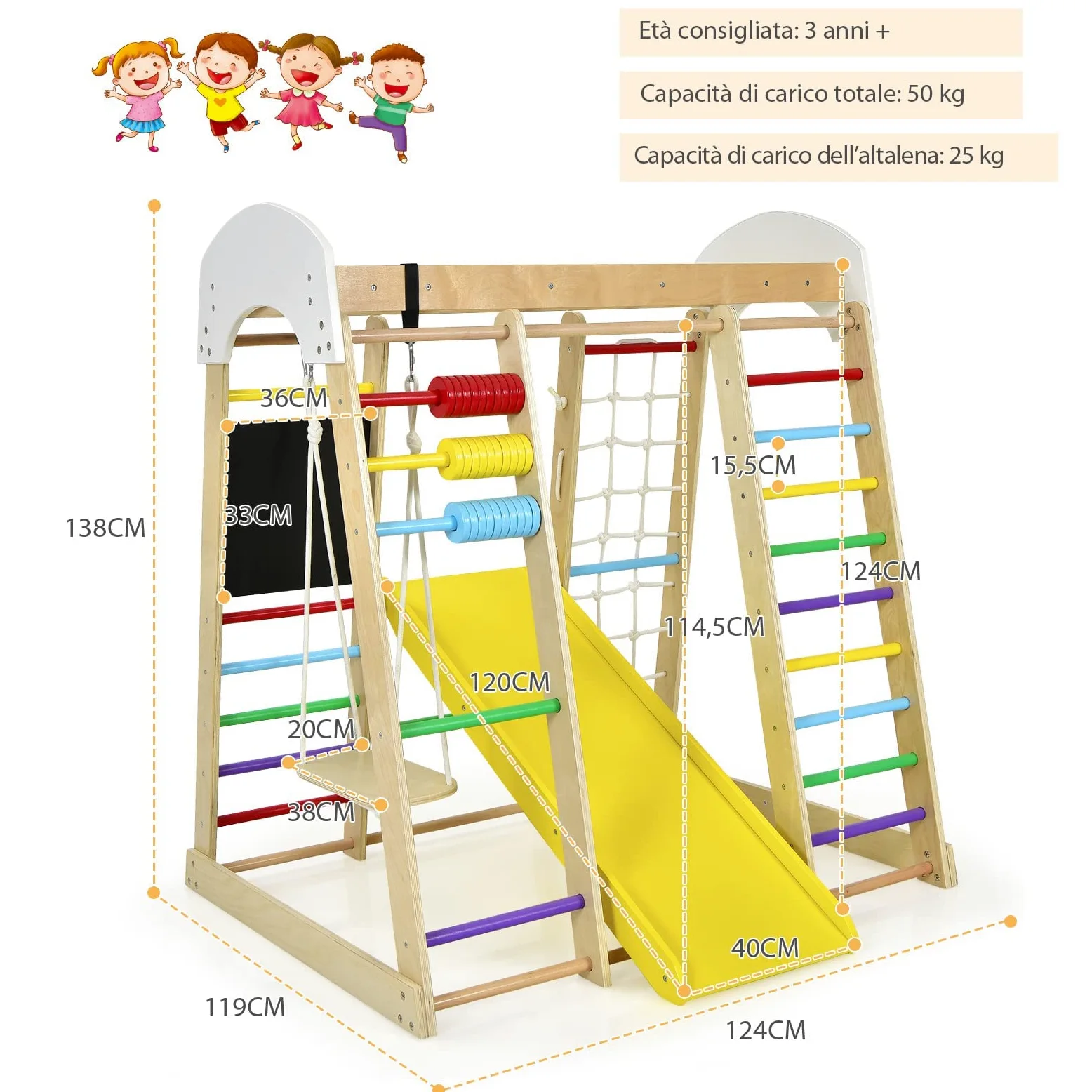 RELAX4LIFE 8 in 1 Triangolo da Arrampicata Multifunzione, Parco Giochi in legno Massello con Scivolo, Altalena e Lavagna, Uso Interno, per Bambini 1 a 5 anni (Modello 3 Colorato)