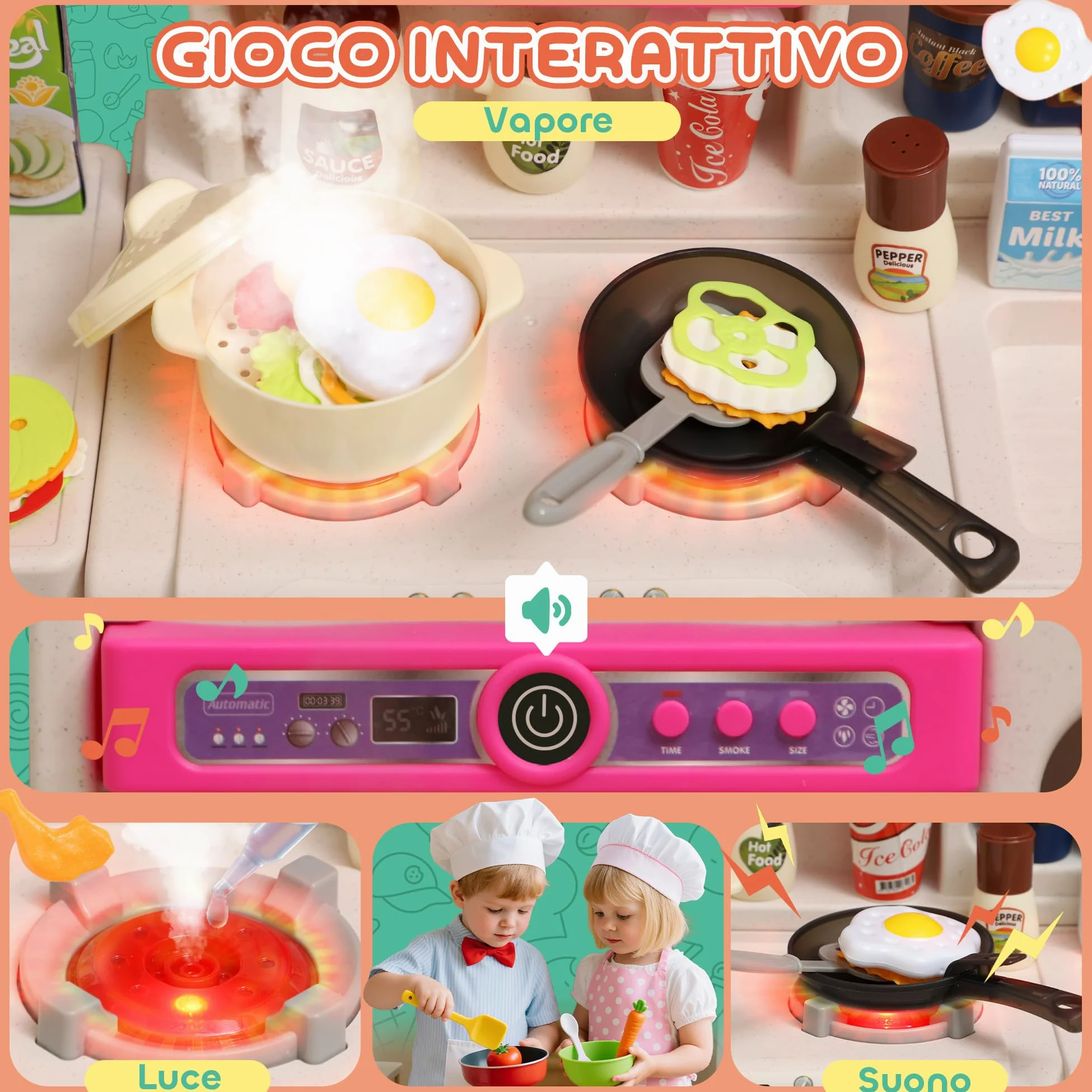 AIYAPLAY Cucina Giocattolo con 104 Accessori 3-6 Anni 52.5x22x100 cm Rosa | Suoni Realistici, Gioco per Bambini, in PP, PE e ABS