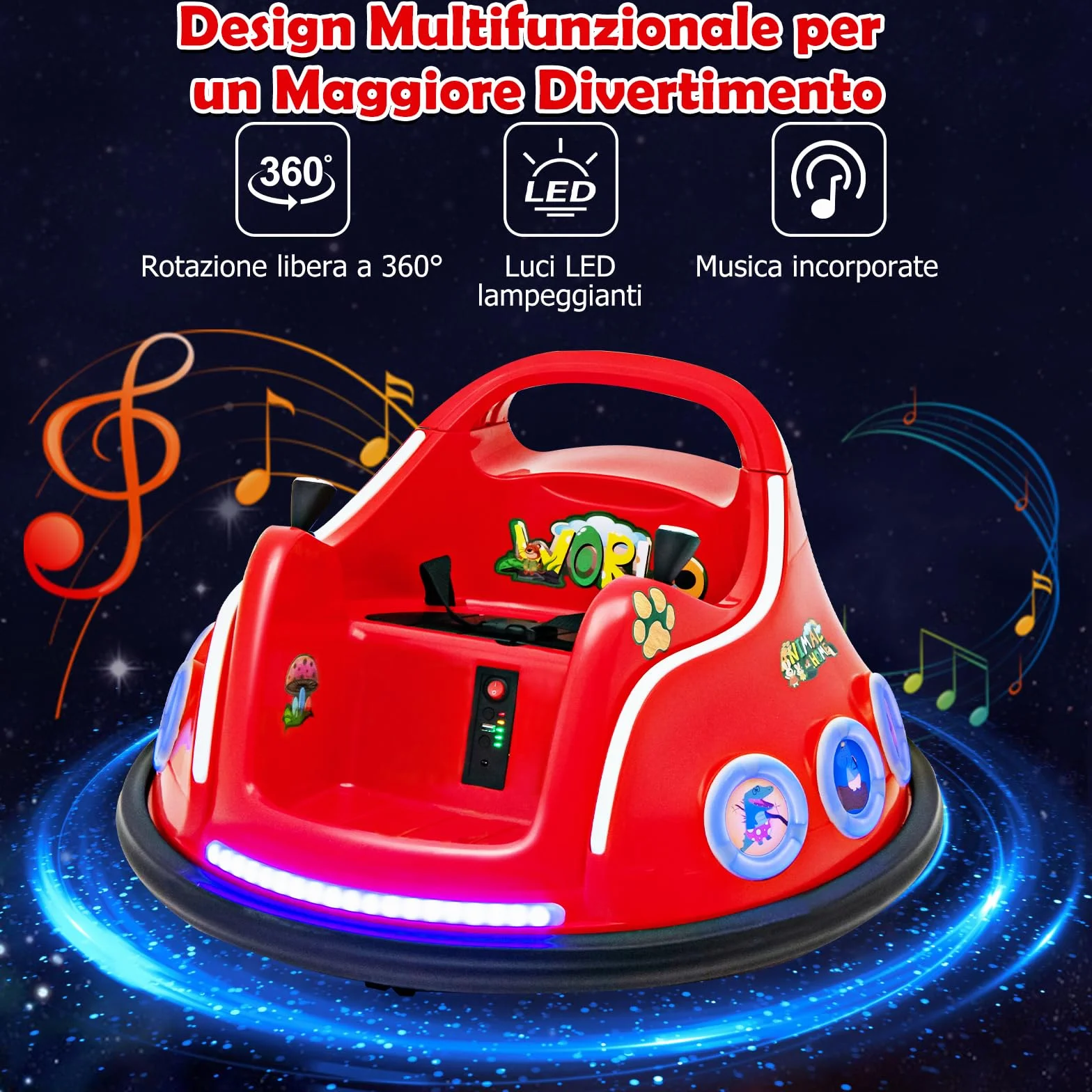 Auto Elettrica 12V per Bambini 3+ con Telecomando 2,4G, Rotazione 360°, Luci e Musica, 73x73x43 cm Rosso