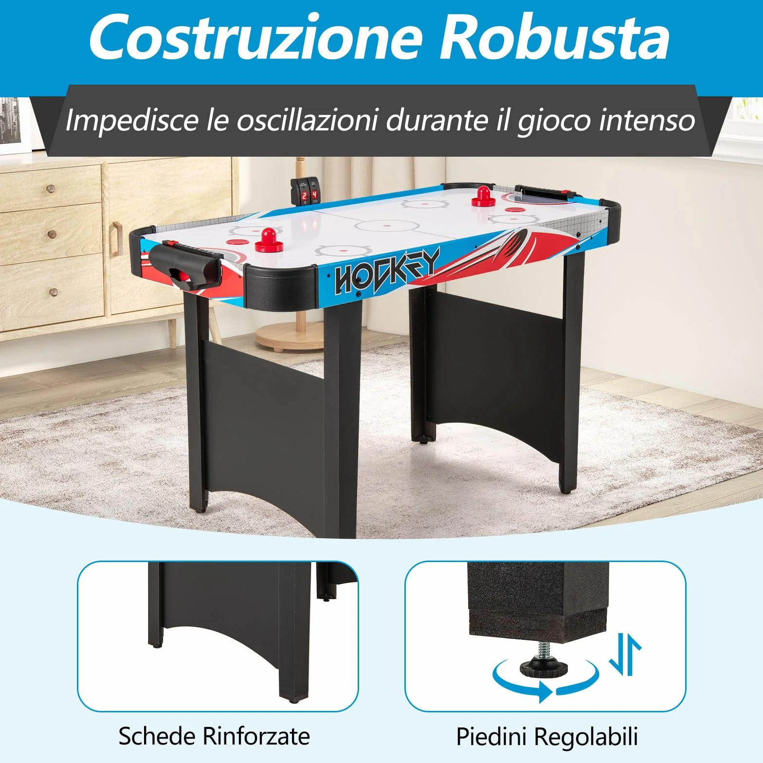 COSTWAY Tavolo da Air Hockey, con Tabellone Segnapunti LED e Motore 12V, Tavolo da Hockey ad Aria con 2 Dischi e 2 Spintori, 122 x 61 x 76 cm