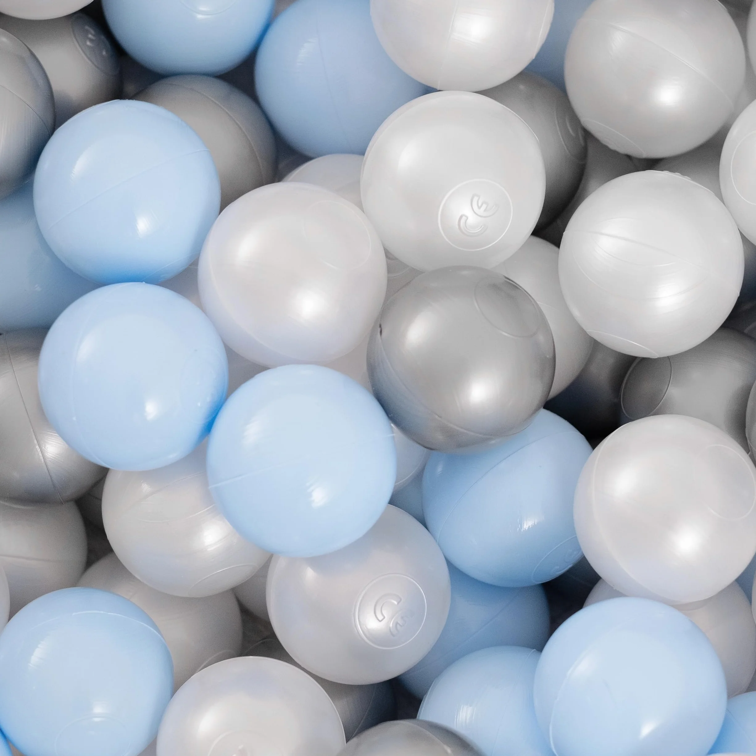 MISIOO Palline da bagno - 300 palline da 6 cm - blu - perla - argento - palline morbide e non tossiche - giocattoli per bambini. Perfetto per il gioco creativo e la promozione delle capacità motorie